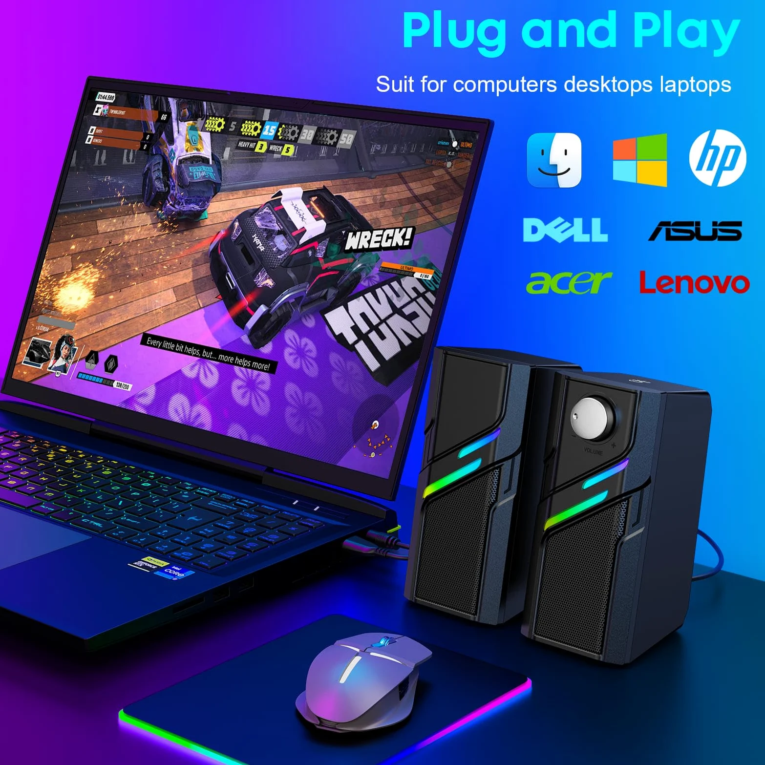 LENRUE Altoparlanti per PC da scrivania, altoparlanti per computer con controllo facile, suono chiaro e potente, luci touch, plug and play per computer, PC, monitor, laptop, giochi (nero chiaro)