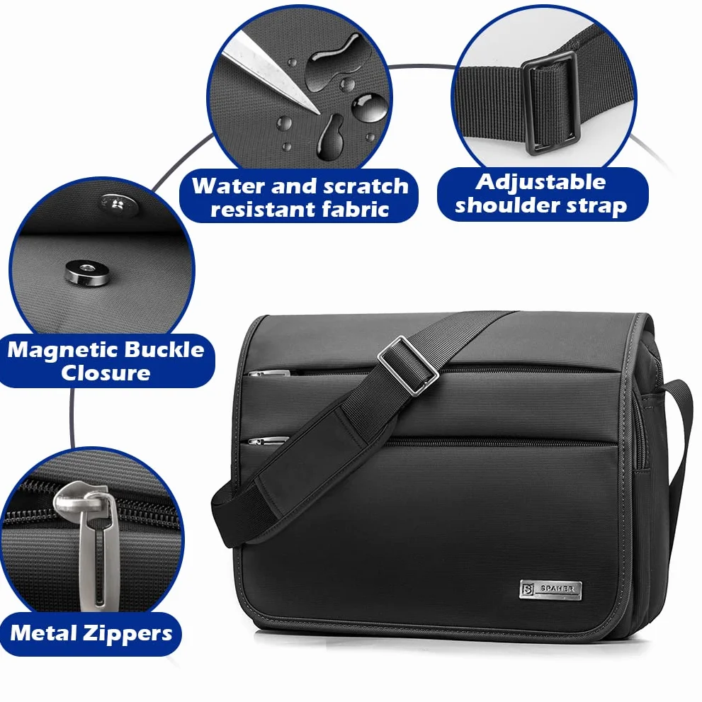 SPAHER Borsa Porta PC Borse Messenger per PC portatili Borsa a Tracolla per Laptop Grande da 14 pollici Lavoro Business Office Borsa da Viaggio Impermeabile Sacchetto del Messaggero Nero