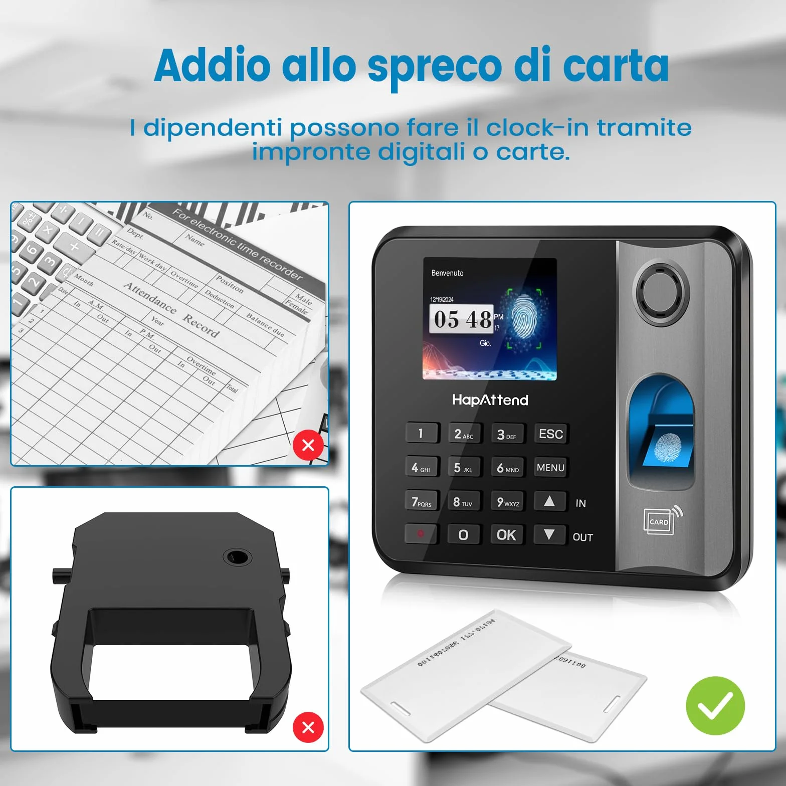 Rilevatore presenze HapAttend H1 con impronte digitali e RFID, timbratrice per dipendenti