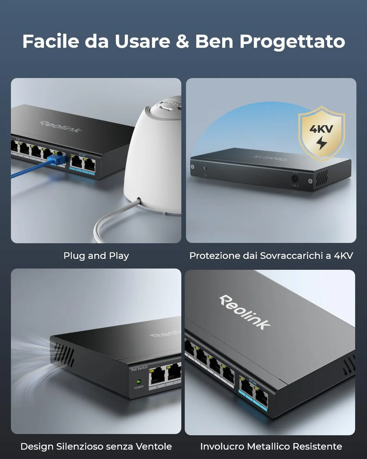 Reolink Switch PoE con 8 Porte PoE, 2 Porte Uplink Gigabit, Fino a 120 W Totali per Porte PoE, IEEE 802.3af/at, Ideale per NVR e Telecamere Ethernet, Design Senza Ventola, RLA-PS1