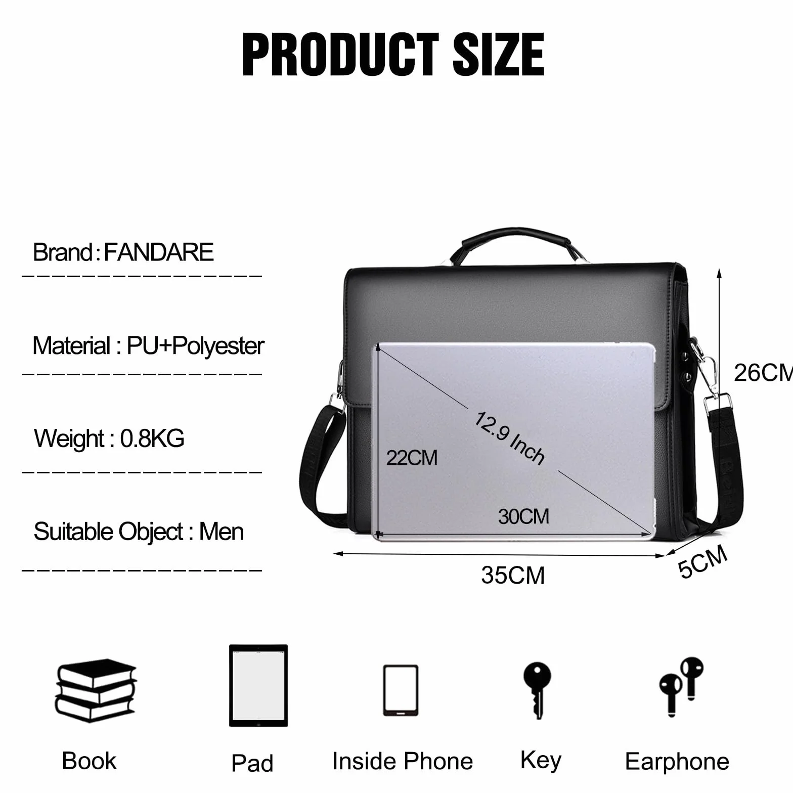 FANDARE Uomo Ventiquattrore 24 Ore Borsa a Tracolla PU Pelle Borse a spalla Business Borsa da giorno Sacchetto Borsetta per 12.9 pollice laptop Cartella Portadocumenti Crossbody Messenger Bag