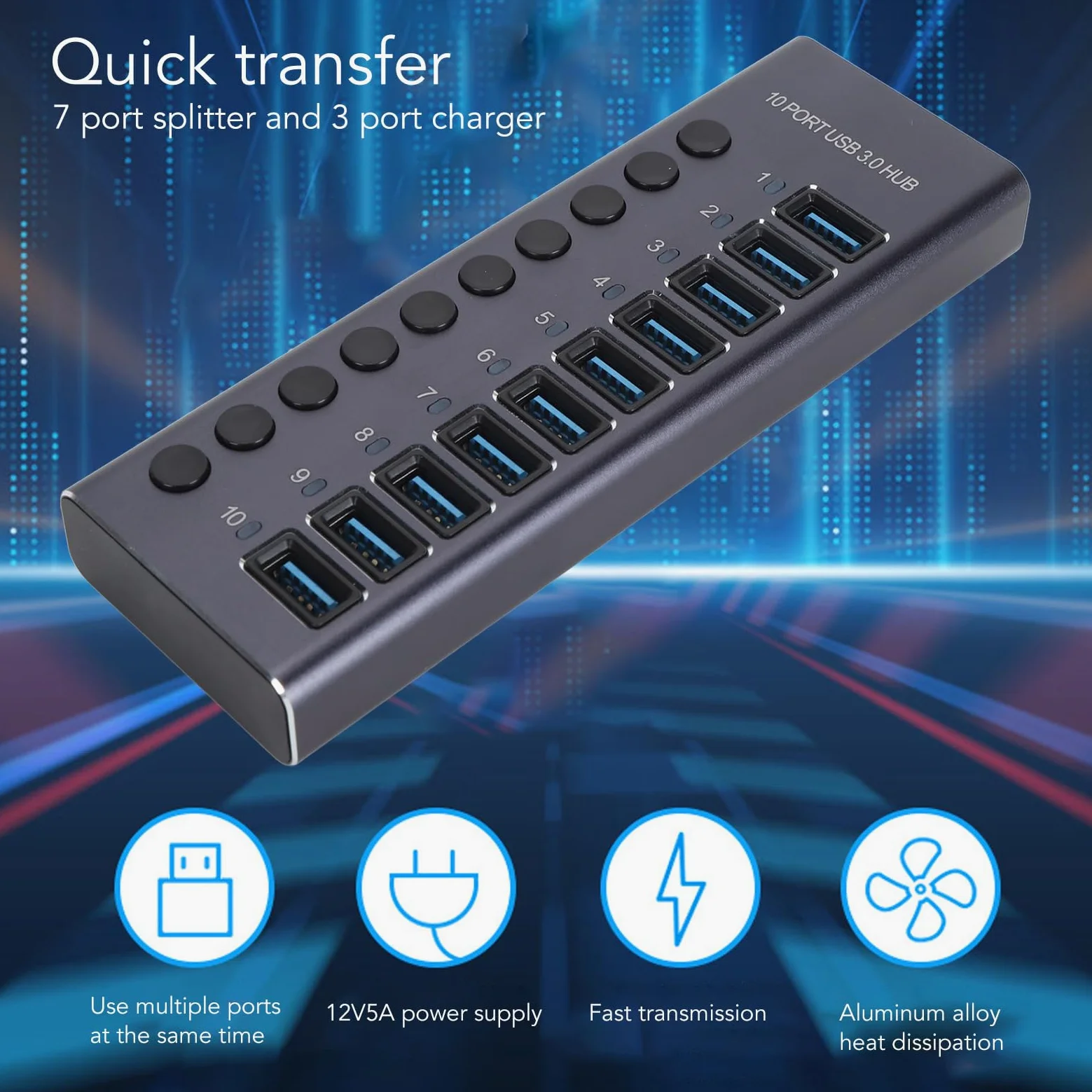 LICAEVEY Hub Dati USB 3.0, Splitter USB a 10 Porte (Spina europea) | Interruttori individuali, alimentatore da 60 W per console di gioco per PC desktop portatile