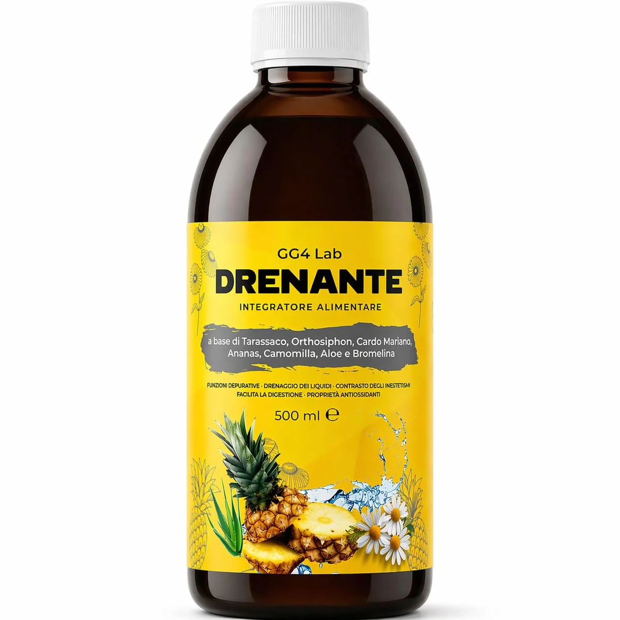 GG4Lab Drenante Forte Liquido 500ml Ritenzione Idrica Pancia Piatta Gambe Sgonfie Bromelina 2500 GDU Tarassaco Orthosiphon Aloe Vera 25 Dosi Gusto Arancia Made in Italy