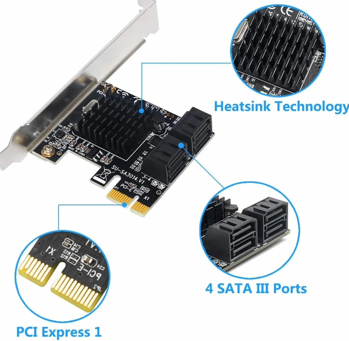 Scheda SATA 4 Porte Con 4 Cavi, Controller di Espansione Con Supporto a Basso Profilo, Non-Raid, Avvio Come Disco di Sistema