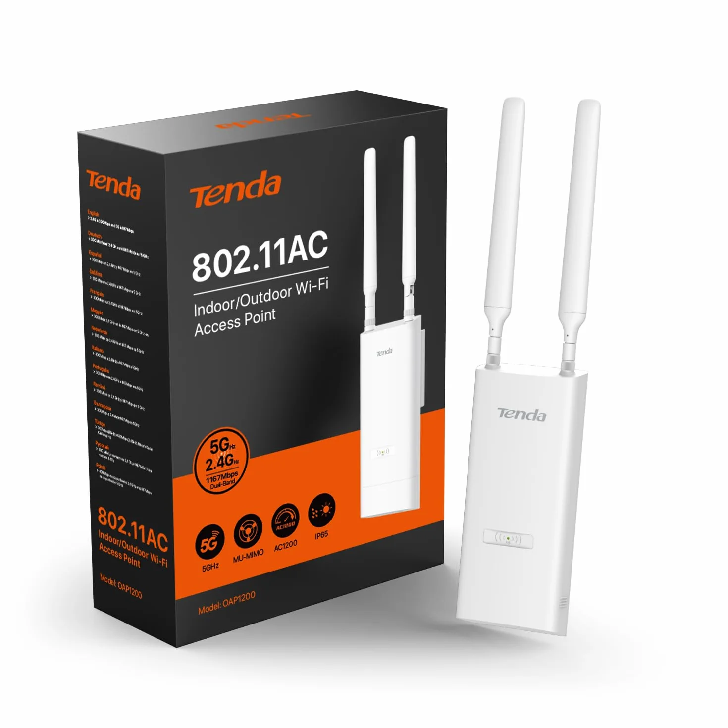 Tenda OAP1200 Access Point Esterno AC1200 Doppia Banda, Indoor/Outdoor Access Point 1200Mbps, IP65, MU-MIMO, OFDMA, Roaming Senza Interruzioni, Fino a 256 Dispositivi, PoE 802.3af & Passive PoE