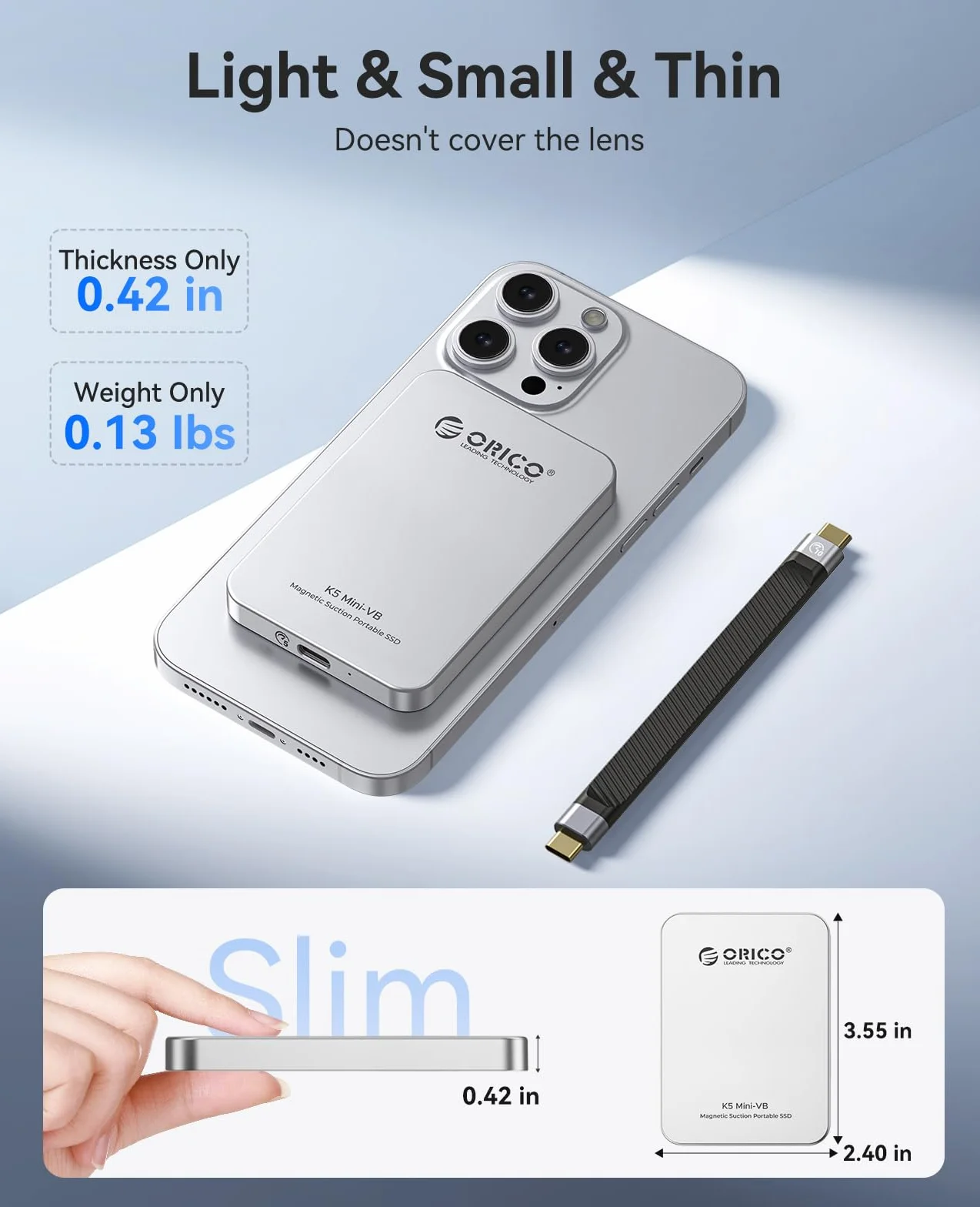 ORICO 480GB SSD esterno magnetico, in lega di alluminio, fino a 460MB/s, hard disk esterno ssd, espandi lo storage per iPhone 17 Pro Max, compatibile con MagSafe, smartphone USB‑C – K5MINI