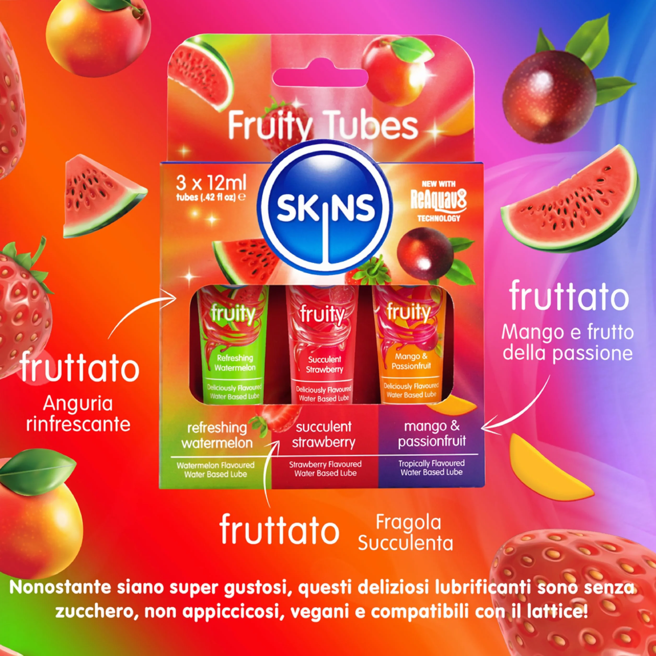 Skins 3X Lubrificanti Acquosi Aromatizzati Edibile Acqua di Melone Fragola Mango Passiflora