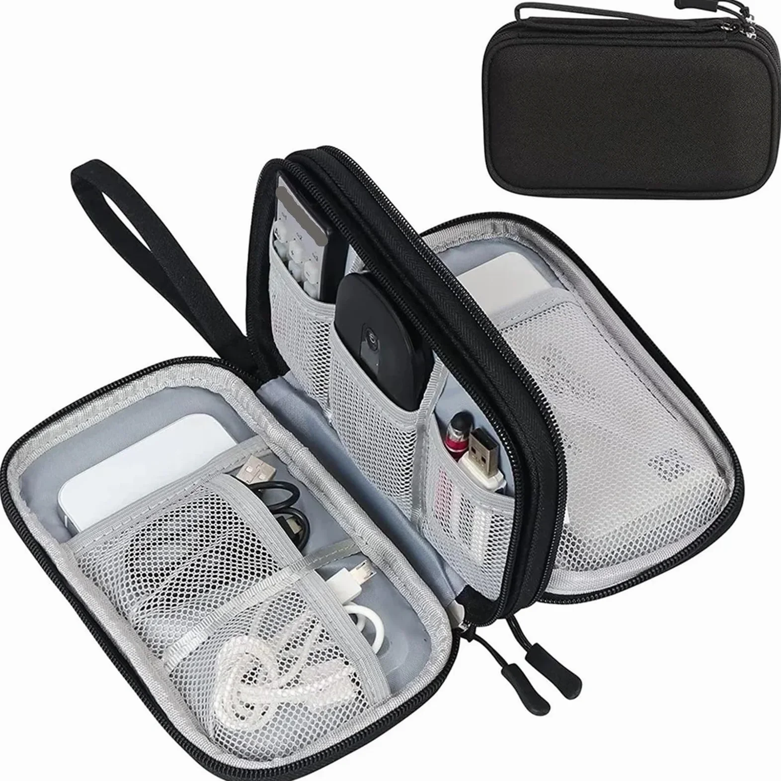 Borsa Organizer Per Cavi Organizzatore da viaggio da 2 pezzi Accessori elettronici Organizzatore di archiviazione portatile impermeabile a doppio strato for cavo di alimentazione del disco rigido(Blac