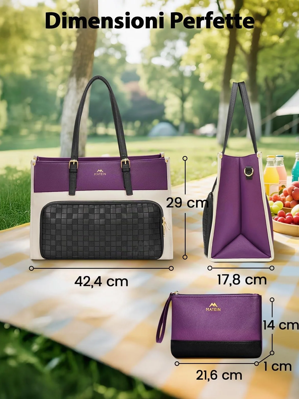 MATEIN Borsa Porta PC Donna con Scomparto Pranzo Isolato, 15,6 Pollici Grande Borsa Tote Elegante con Porta Pranzo, Pochette Impermeabile, Antifurto, per Lavoro Viaggio e Università, Viola