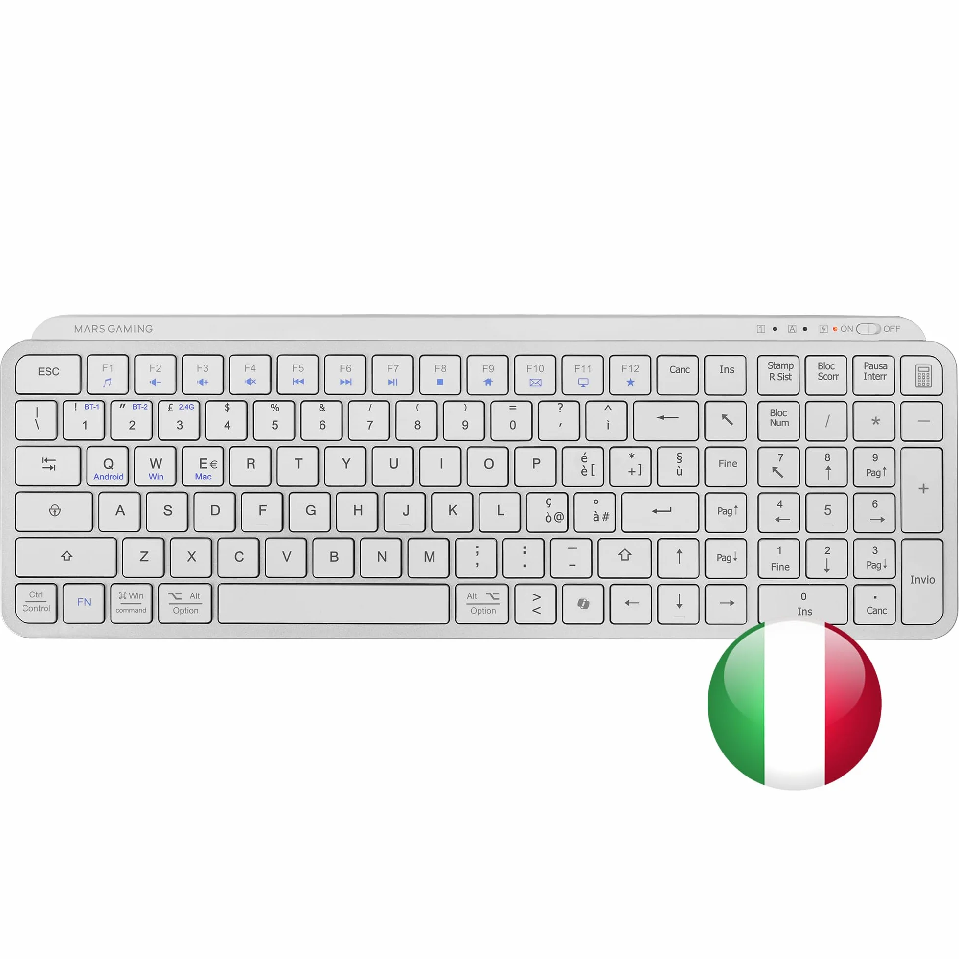 Mars Gaming MK-SILENKEYS Tastiera Wireless Compatta Full-Format Bluetooth 5.1 Dual 2.4GPRO 200h Bianco