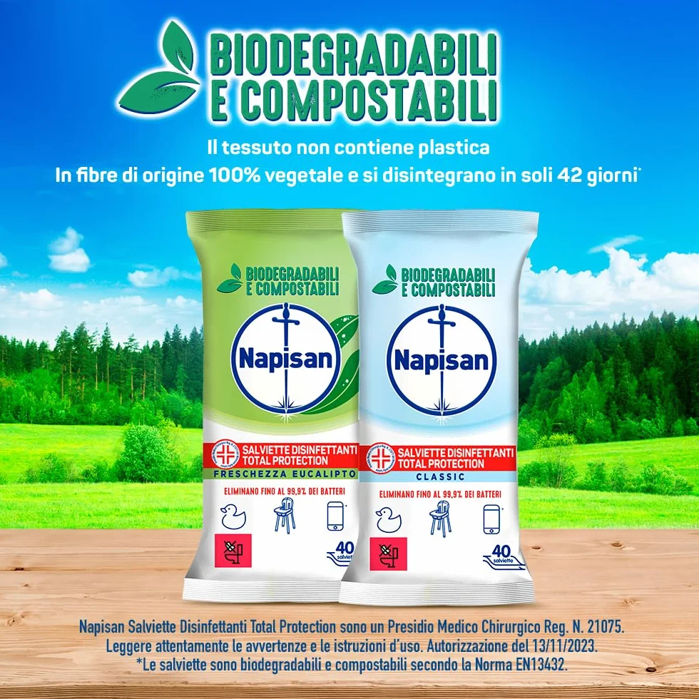 Napisan Salviette Disinfettanti Total Protection Freschezza Eucalipto 40 Salviette Biodegradabili Compostabili Multisuperfici