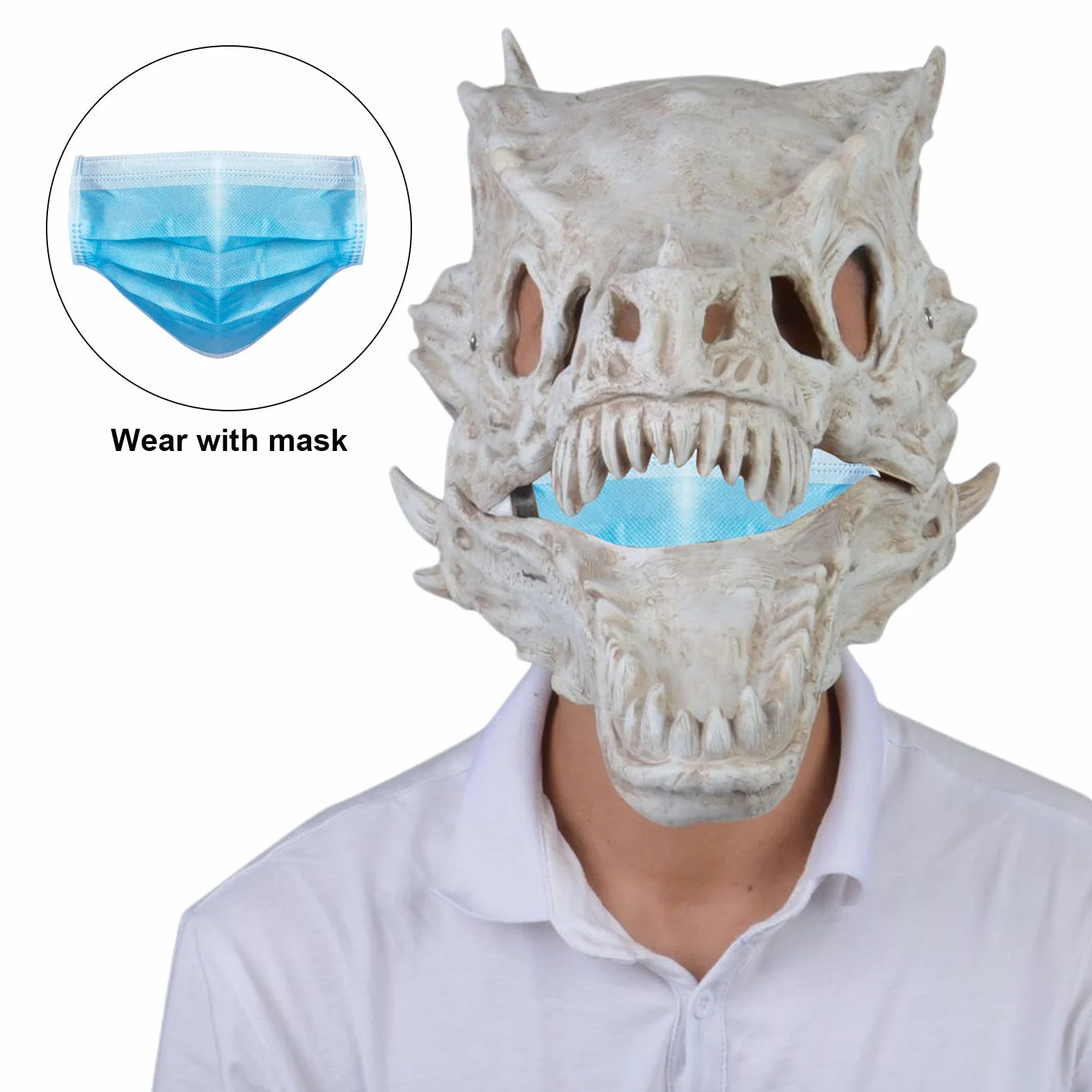 Copertura per viso in lattice con ossa di drago realistica testa di drago copertura integrale copricapo per dinosauri con teschio Halloween