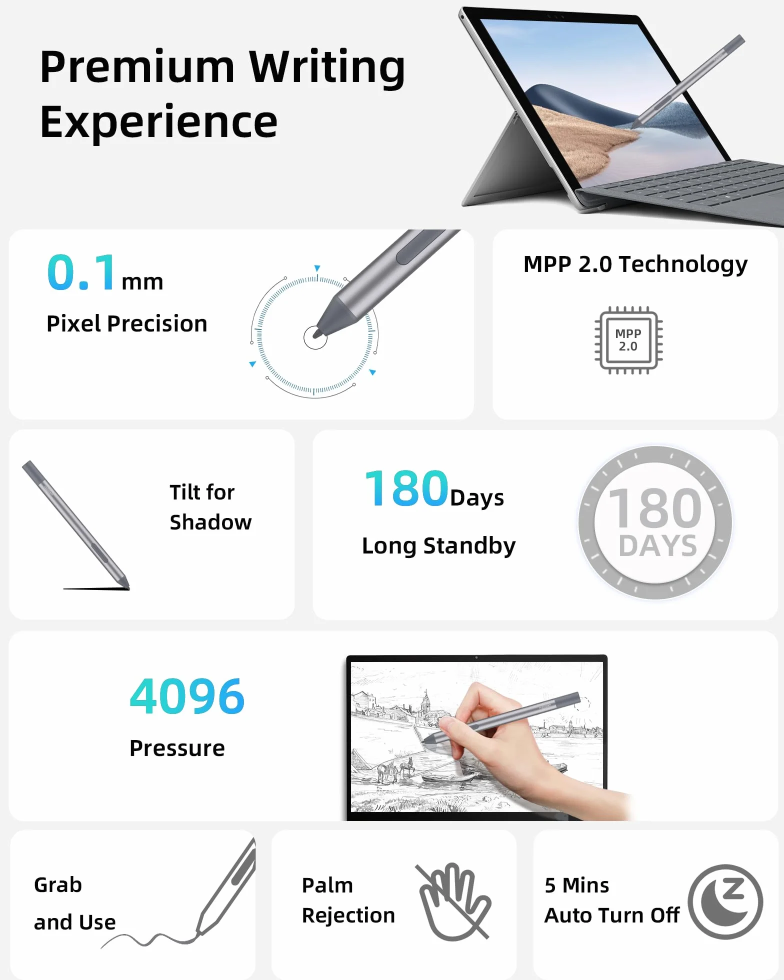 Metapen Penna M2 Biz per Microsoft Surface,180 Giorni Autonomia,4096 Livelli Pressione,2 in 1 Pulsante Sensibile all'inclinazione,Surface Pro X/9/8/7/6/5/4/Go 3/Studio 2/Book 3/Duo,ASUS VivoBook Flip