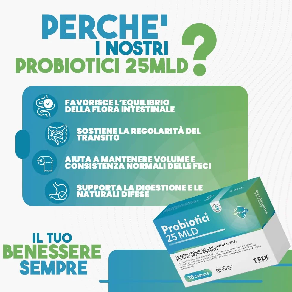 T-Rex Integ Probiotici 30 Capsule 25 MLD 30 Ceppi Inulina FOS Zinco Enzimi Digestivi Fermenti Lattici