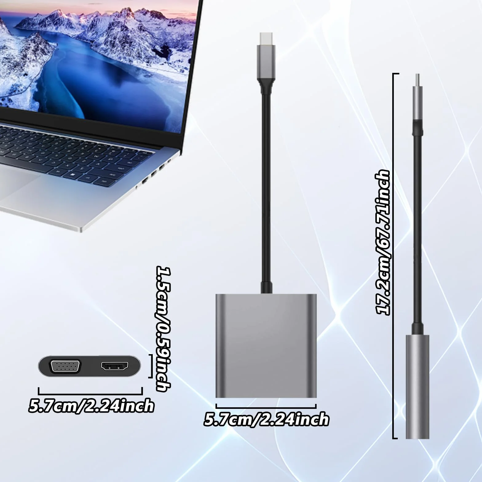 Adattatore VGA da USB C a HDMI, hub 2 in 1, Plug & Play|Nessun driver necessario, compatibile con MacBook/Dex/Switch/Yoga/Laptop/Tablet, Convertitore USB-C a HDMI e VGA (grigio)
