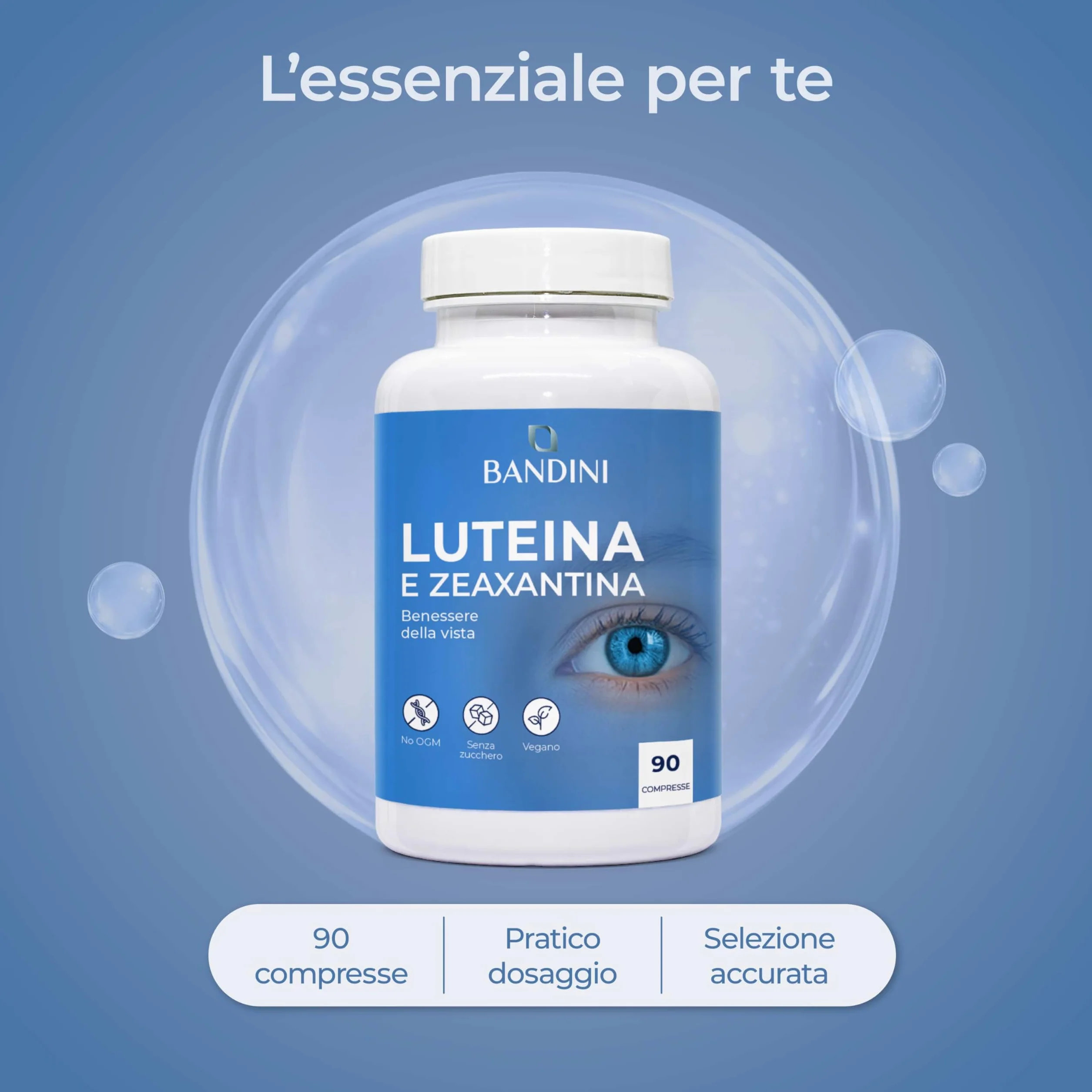 Bandini Luteina e Zeaxantina ad Alto Dosaggio, Integratore Occhi Vista Antiossidante con Mirtillo Nero e Vite Rossa, Zinco, Vitamine A, B2, E – 90 Compresse
