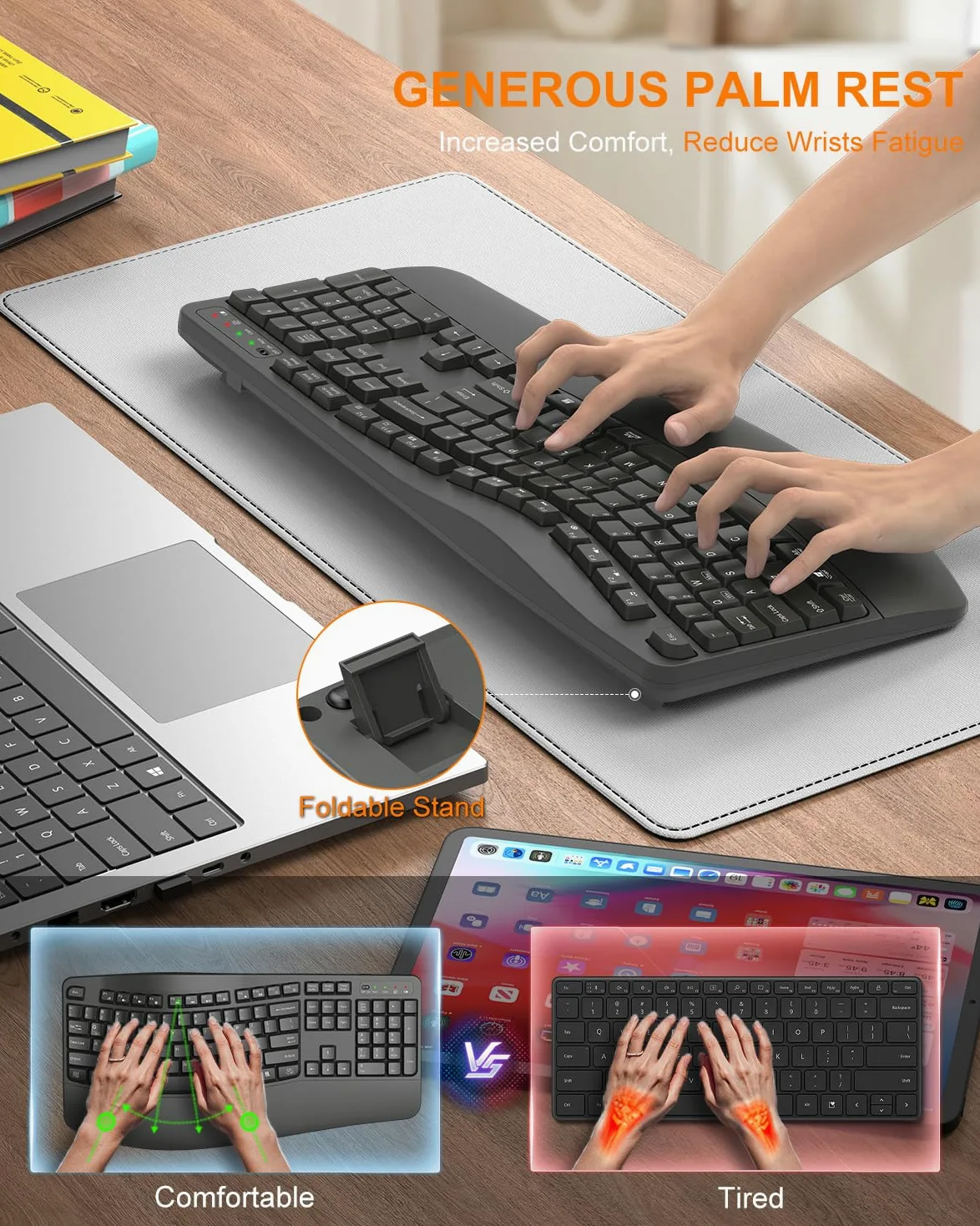 EDJO Tastiera ergonomica senza fili con poggiapolsi, tasti Wave, per mani grandi, 2,4 GHz, tastiera per computer Ergo cordless USB, comoda digitazione naturale, per laptop, Mac, Windows (grigio)