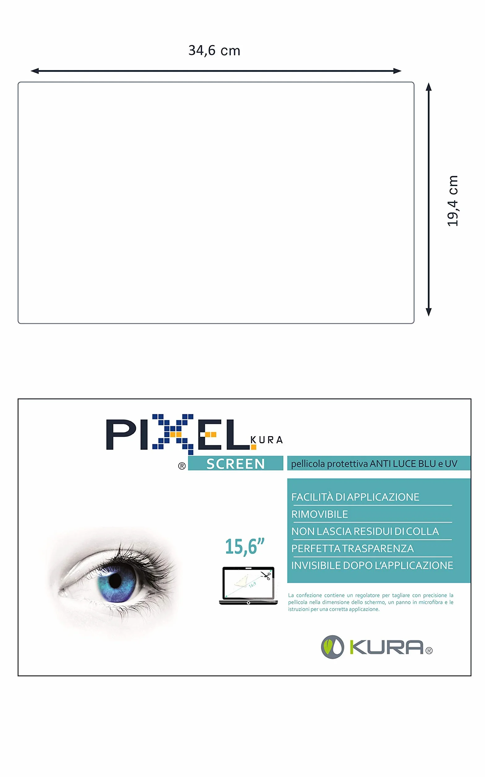 Pellicola PIXEL SCREEN 15, Filtro per Monitor, fino a 15.6 Pollici. Anti Luce blu e uv, Anti Graffio e Antiriflesso, no Bolle, Massima Trasparenza