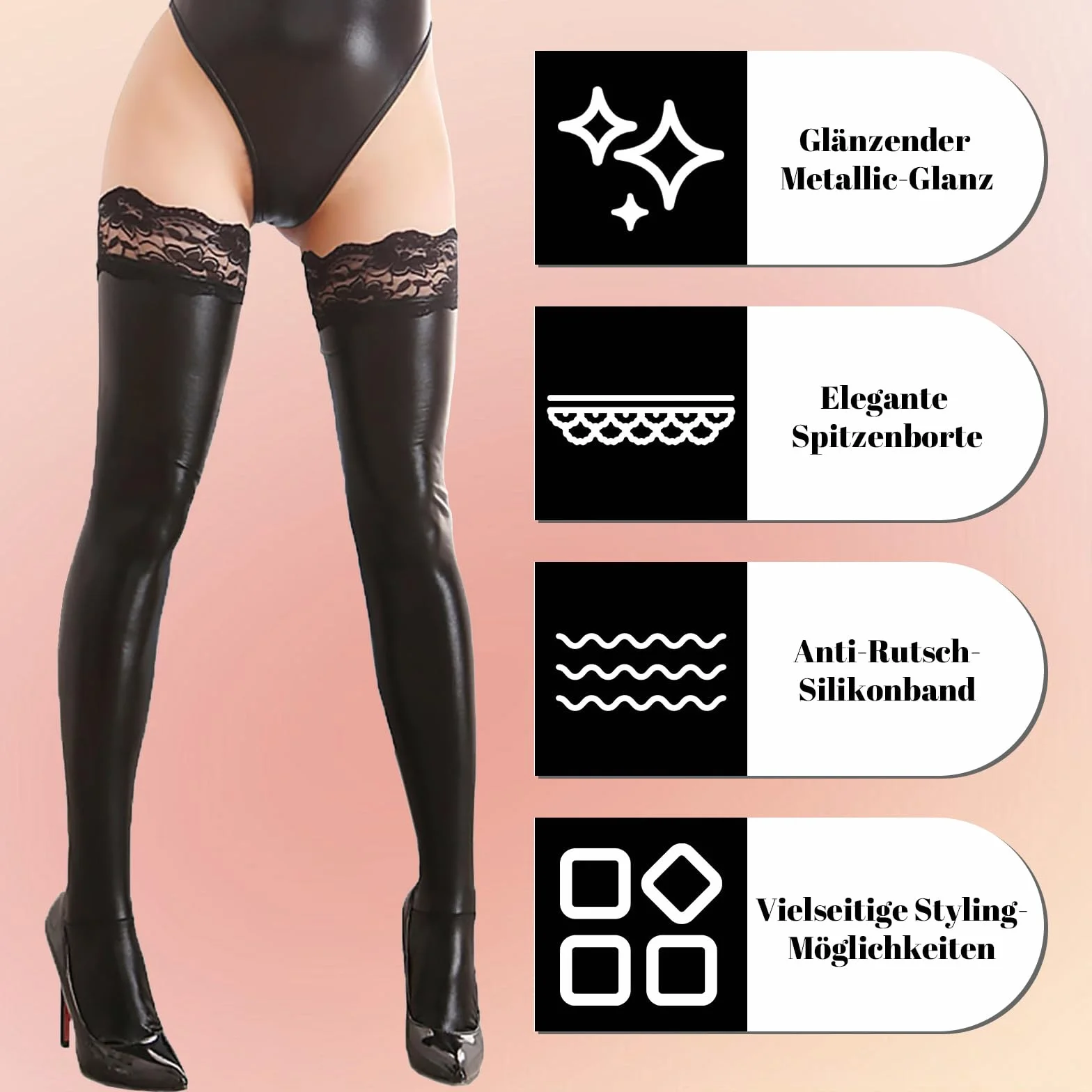 Pelle Overknee Calze Sexy Wetlook Lattice Antiscivolo Collant Lingerie Cosplay Calze Slim (Black)