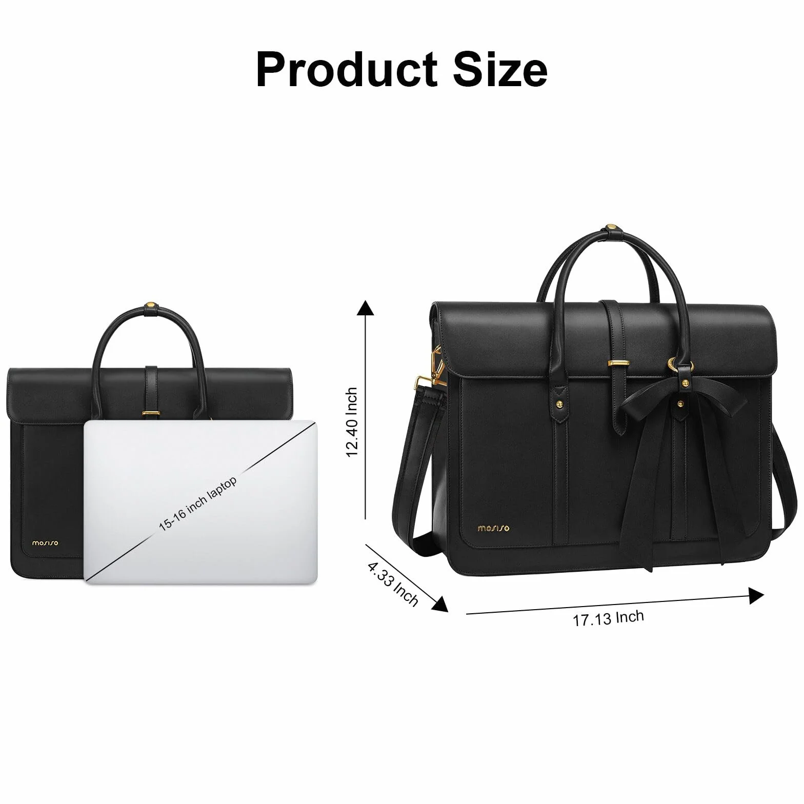 MOSISO Borsa Porta PC Donna,15-15,6 Pollici Laptop in Pelle PU Borsa a Tracolla Convertibile,16 Pollici Borse Messenger Casual Lavoro Viaggio Computer Custodia con Nodo a Fiocco,Nero