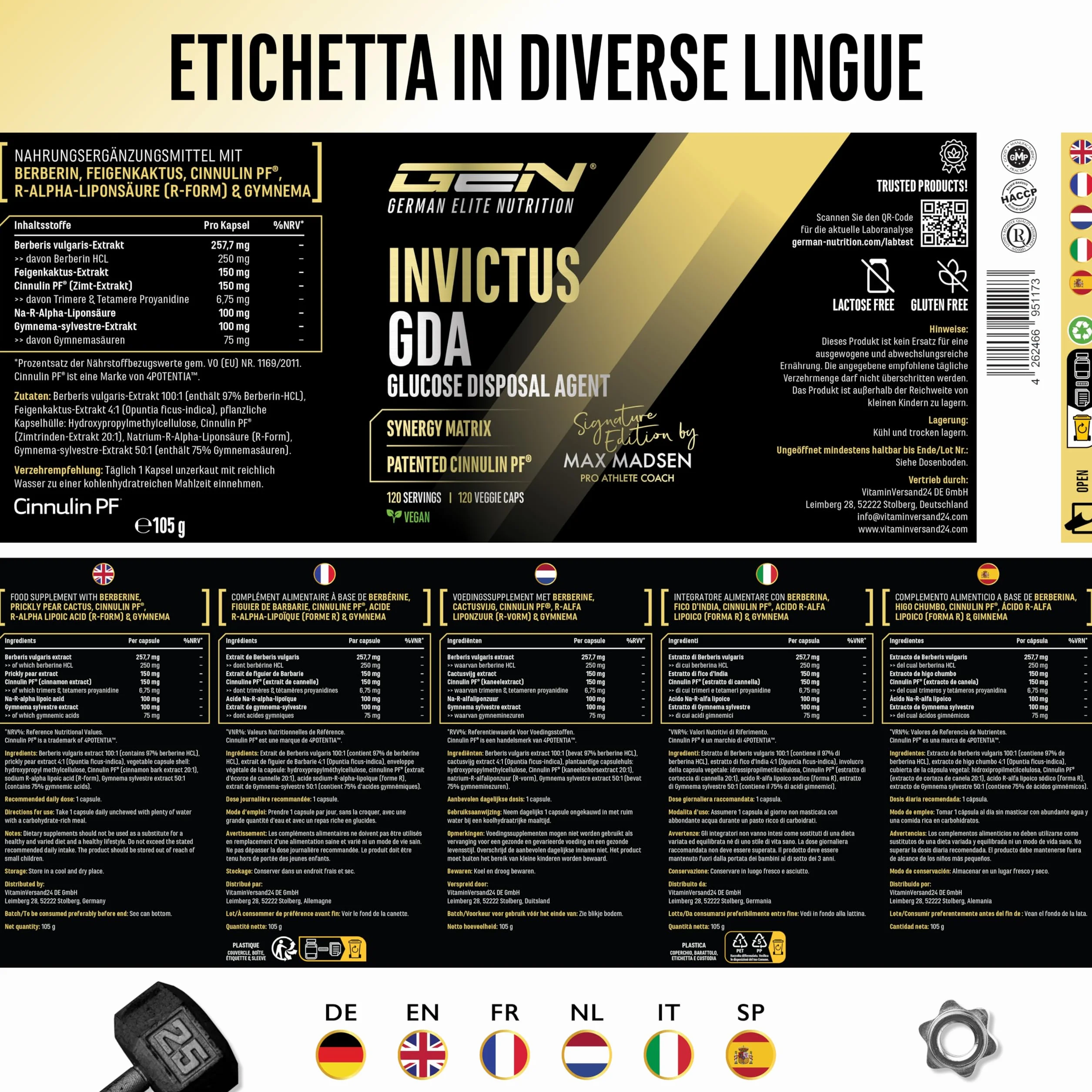 Invictus G.D.A Complesso GDA ad Alto Dosaggio con Berberina, Cinnulin PF® e Acido R-Alfa Lipoico 120 Capsule Vegane