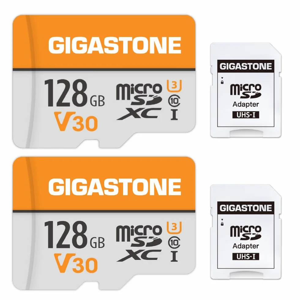 Gigastone confezione da 2 schede di memoria da 128 GB, compatibile con GoPro fotocamera Drone Tablet Samsung Sony, ad alta velocità per 4K UHD Video, A1 U3 C10 Micro SDXC con mini custodia