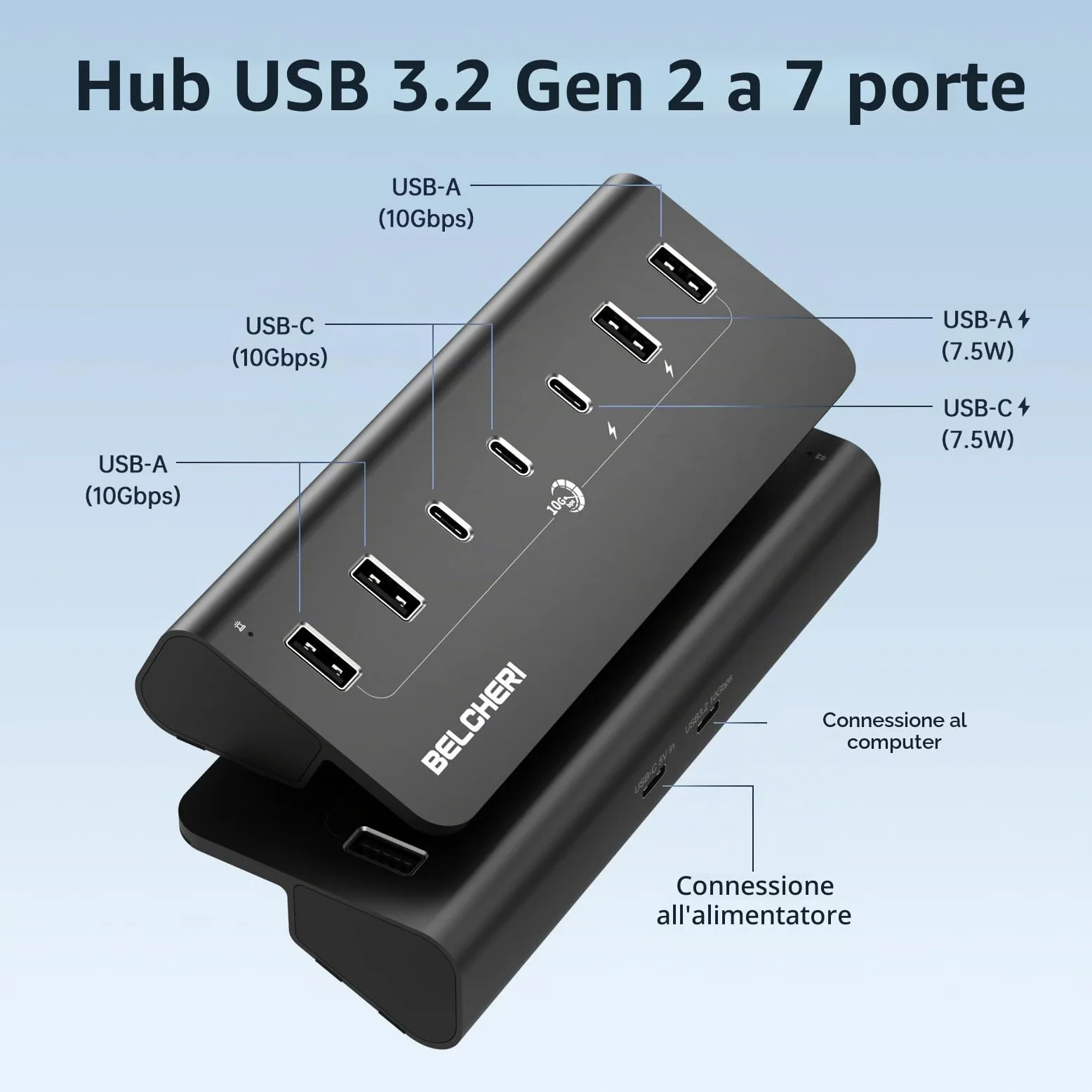 Hub USB C a 7 porte con alimentatore, USB 3.2 Gen 2, 10 Gbit/s ad hub, splitter di prolunga in alluminio con alimentatore da 5 V 3 A, 3 porte USB C e 4 porte USB-A, supporta la ricarica BC1.2