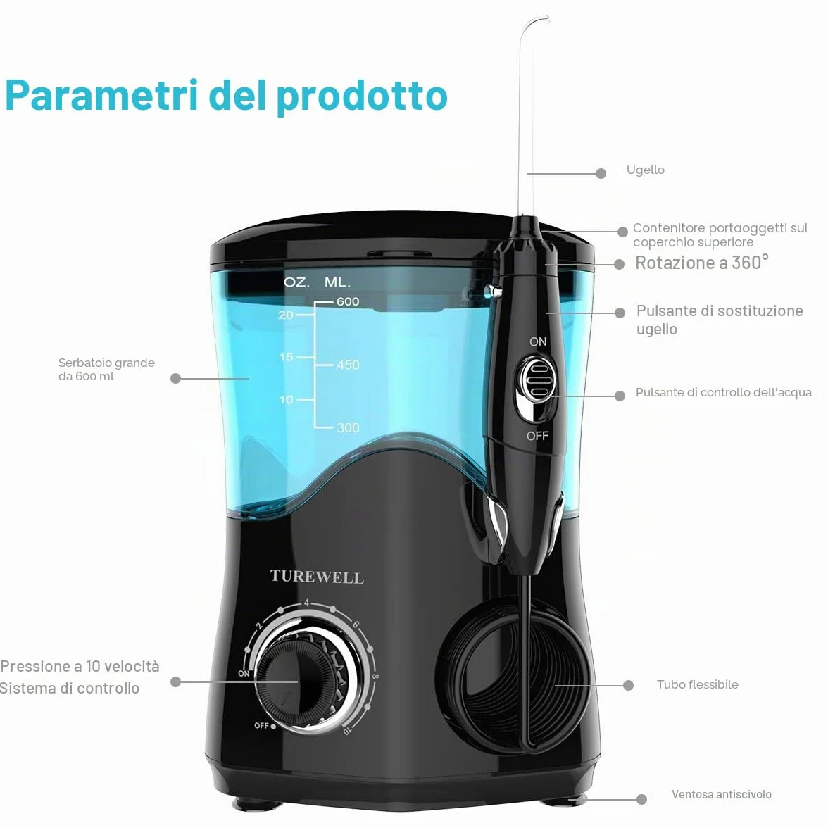 Idropulsore Dentale TUREWELL 8 Ugelli Multifunzione 10 Pressione Regolabile 600ml Nero