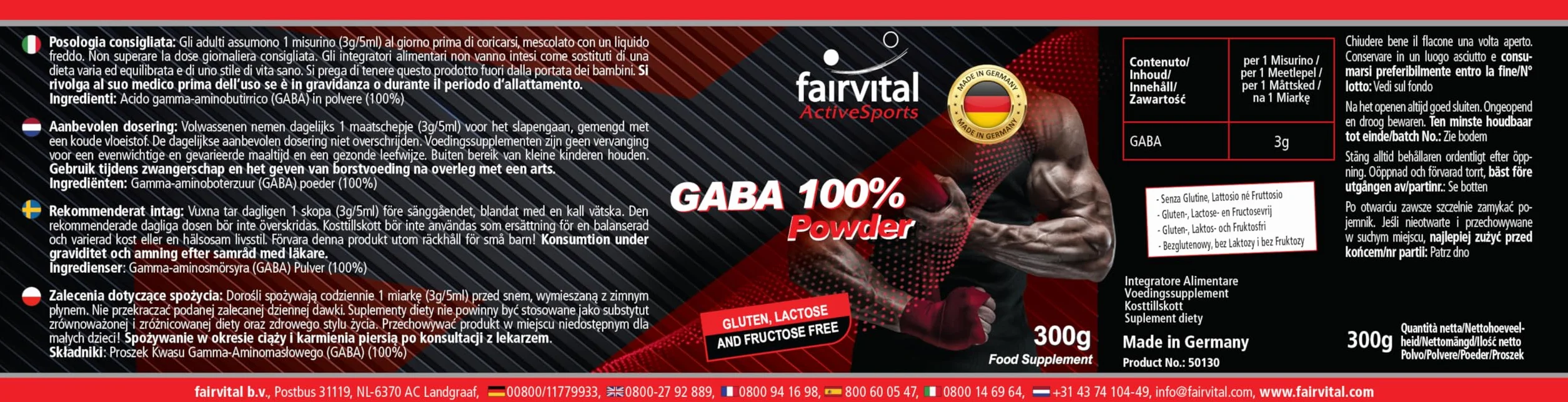 Fairvital GABA in Polvere, Acido Gamma-Aminobutirrico Puro al 100%, 300 g