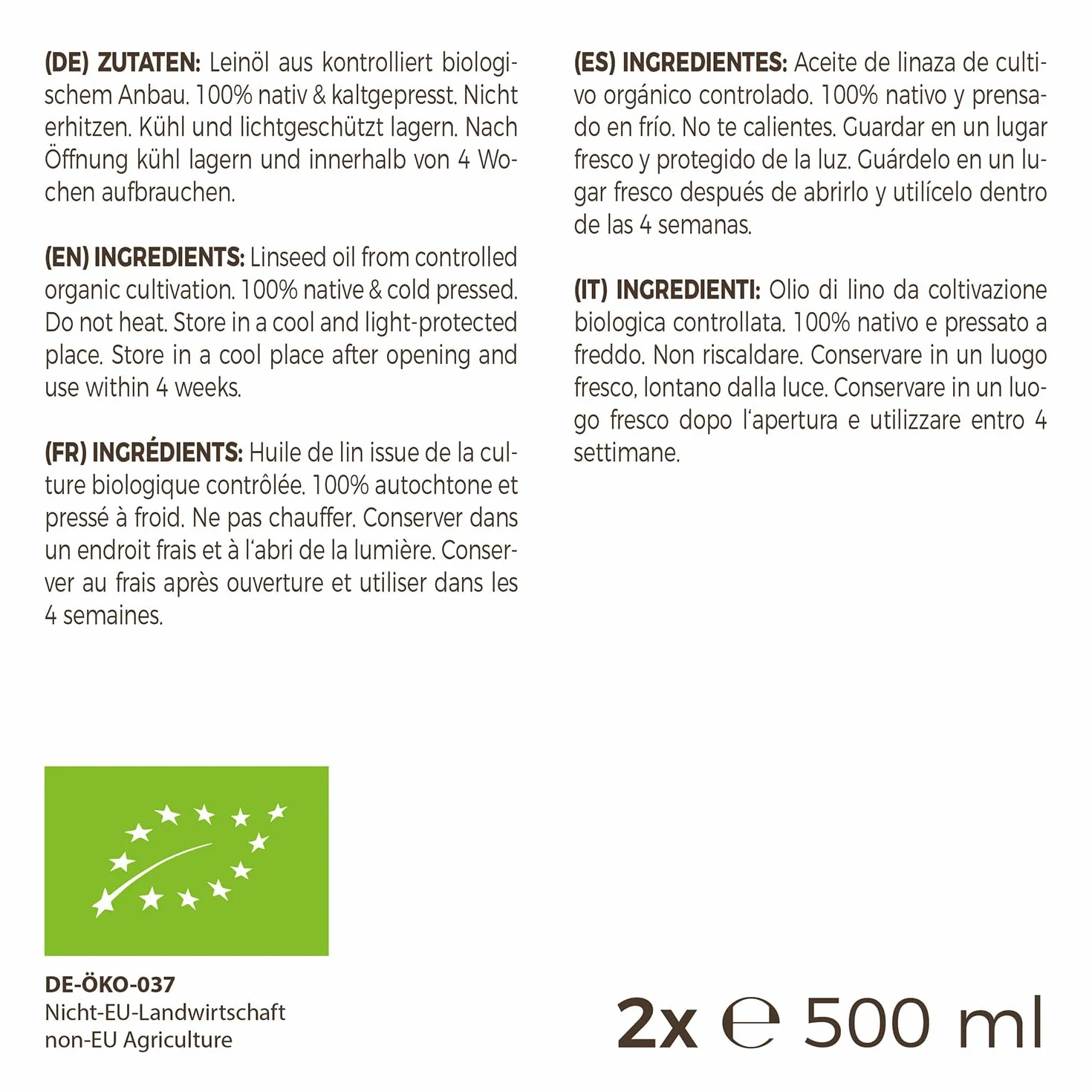 MeaVita Olio di lino biologico 100% puro spremuto a freddo 2x500ml vetro