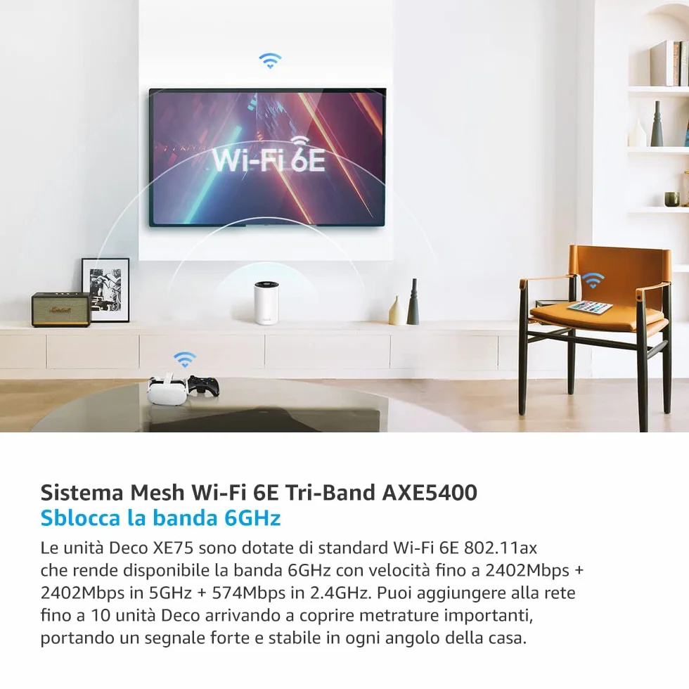 TP-Link Deco XE75 (3-pack) Mesh Router AXE5400 Wi-Fi 6E Tri-Band, Per Tutta La Casa, Porta Gigabit, 802.11ax 6 GHz, AI-Driven, TP-Link HomeShield, MU-MIMO, OFDMA