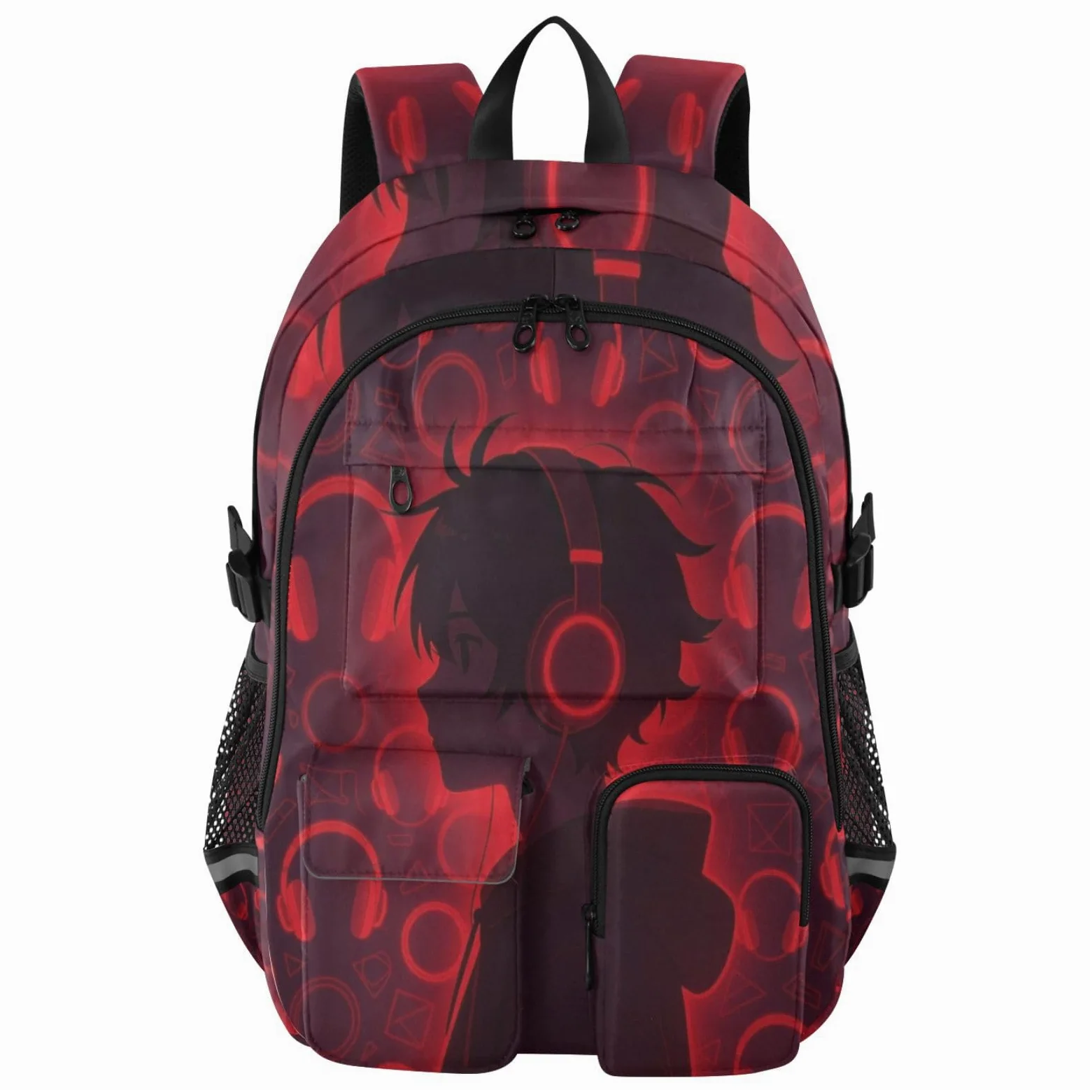 Zaini da viaggio per computer portatile, con motivo anime, con cuffie, colore rosso, 44,5 cm