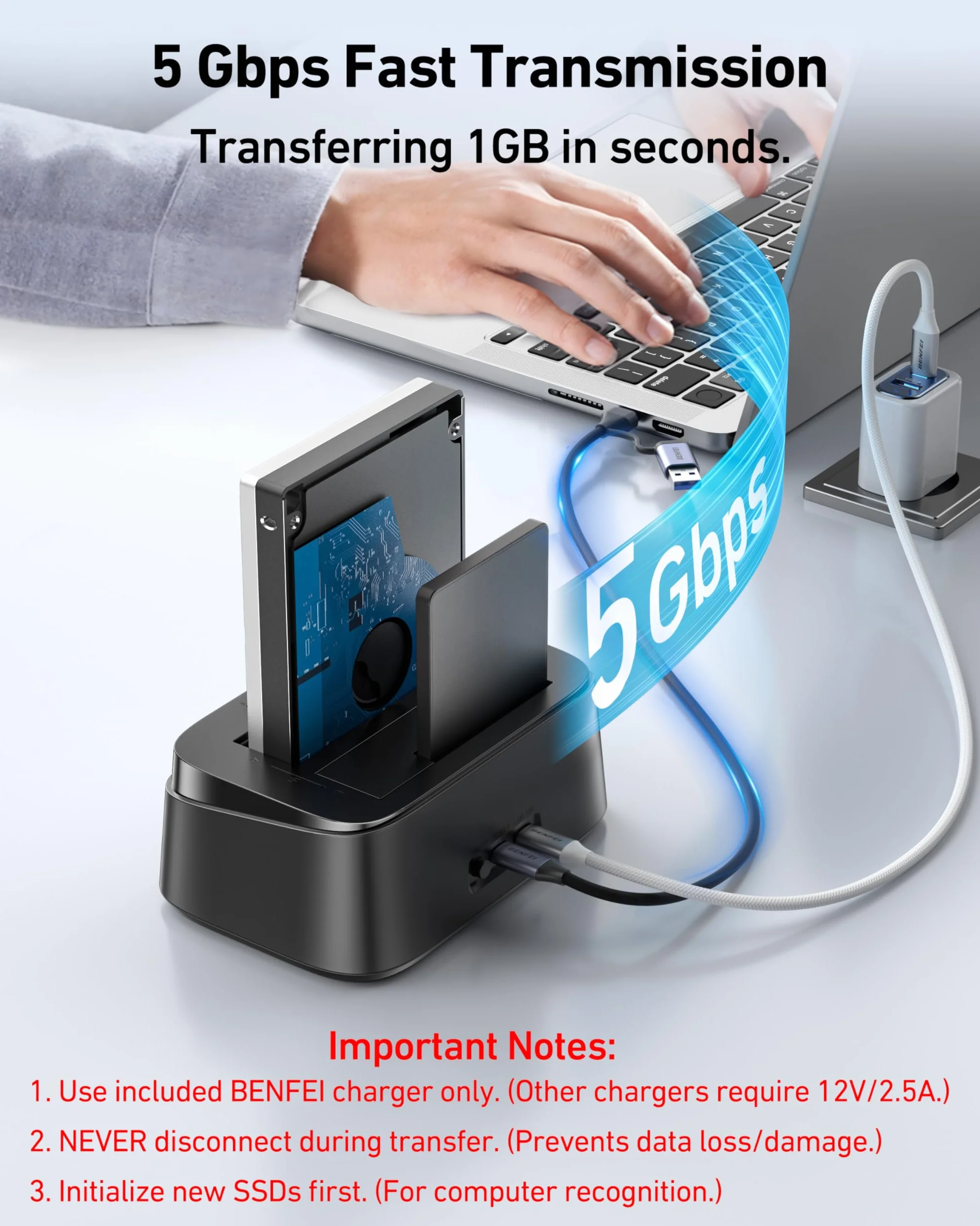 BENFEI Docking station per dischi rigidi con clonazione offline UASP, dock a doppio alloggiamento USB-C per HDD e SSD da 2,5/3,5", 5 Gbps