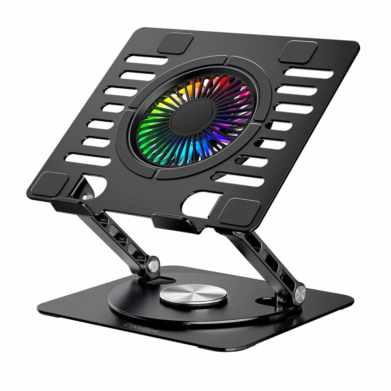 CoolAir Supporto per Tablet/Laptop 17,3" con Ventola Silenziosa RGB 11 cm, Base Regolabile Altezza e Rotazione 360°, Alluminio