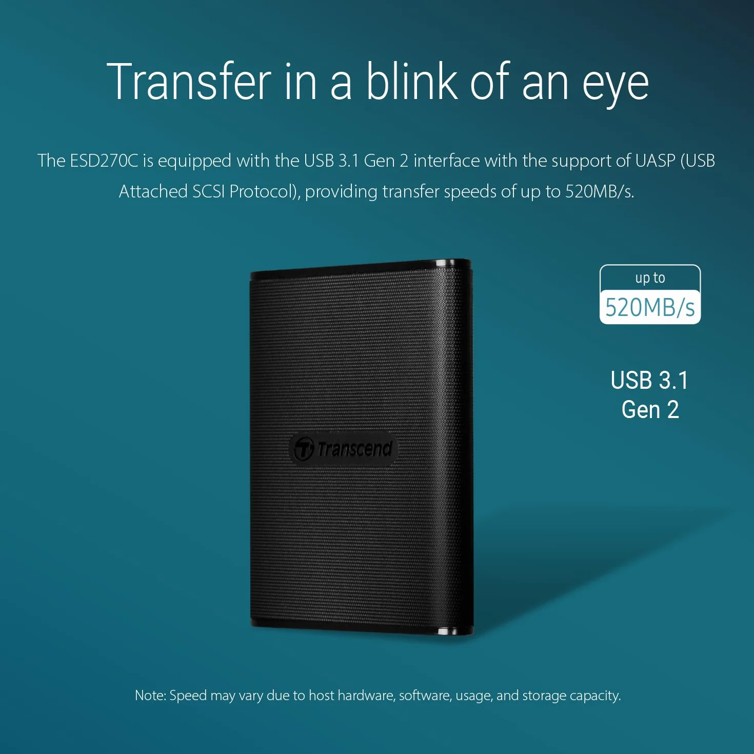Transcend SSD portatile ESD270C da 250 GB USB 3.1 Gen 2 Type-C, fino a 520/460 MB/s, per desktop, laptop, dispositivi mobili e console di gioco - TS250GESD270C