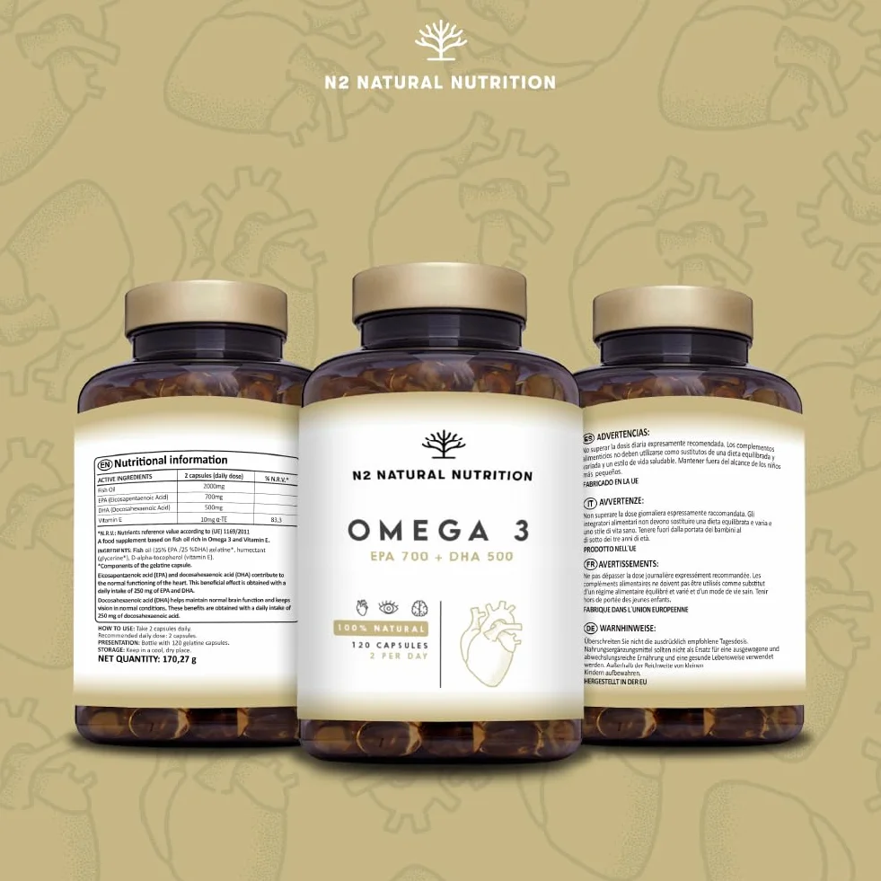Omega 3 Olio di Pesce 2000 mg EPA 700 mg DHA 500 mg Integratore con Vitamina E 120 Softgel N2 Natural Nutrition