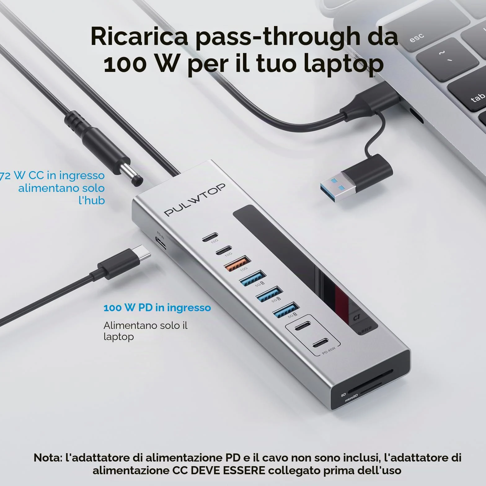 Hub USB C alimentato, hub USB con 2 porte di ricarica Type-C PD da 24/45 W | PULWTOP USB Hub con SD/TF, USB C 10Gbps, USBA 5/10Gbps e 24/45W Type-C PD Charging Ports, 72W Adapter Included