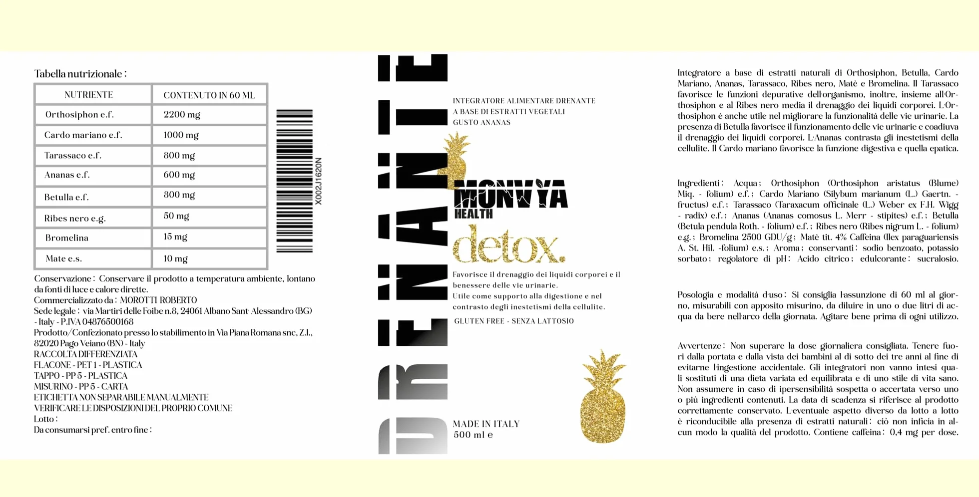 Monvya Health Drenante Forte con Bromelina 500ml Detox Cellulite Digestivo Gambe Leggere