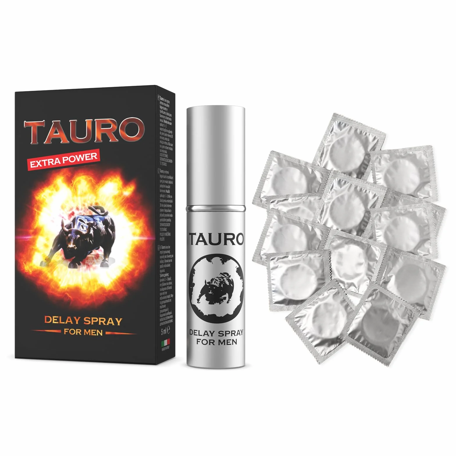 Tauro Extra Power Spray Ritardante Intimo per Uomo, Contrasta l'Eiaculazione Precoce, Prolunga il Rapporto, 5ml + 12 Profilattici