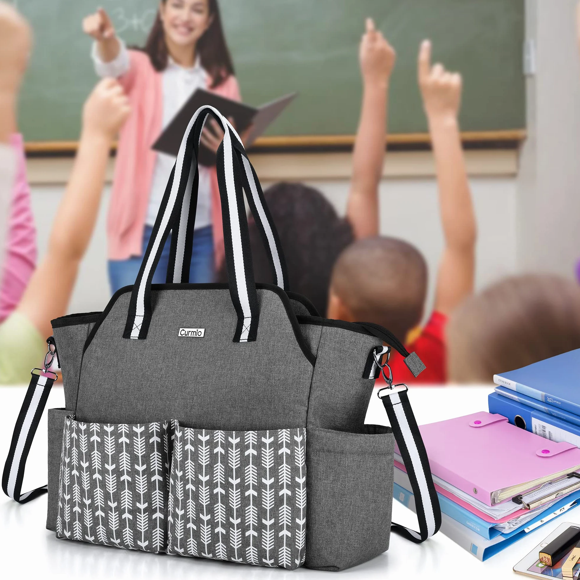 CURMIO Borsa da Lavoro per Insegnanti per Le Donne, Borsa Portatile con Tracolla e Custodia Imbottita per Laptop, Insegnanti, Solo Borsa Grigio