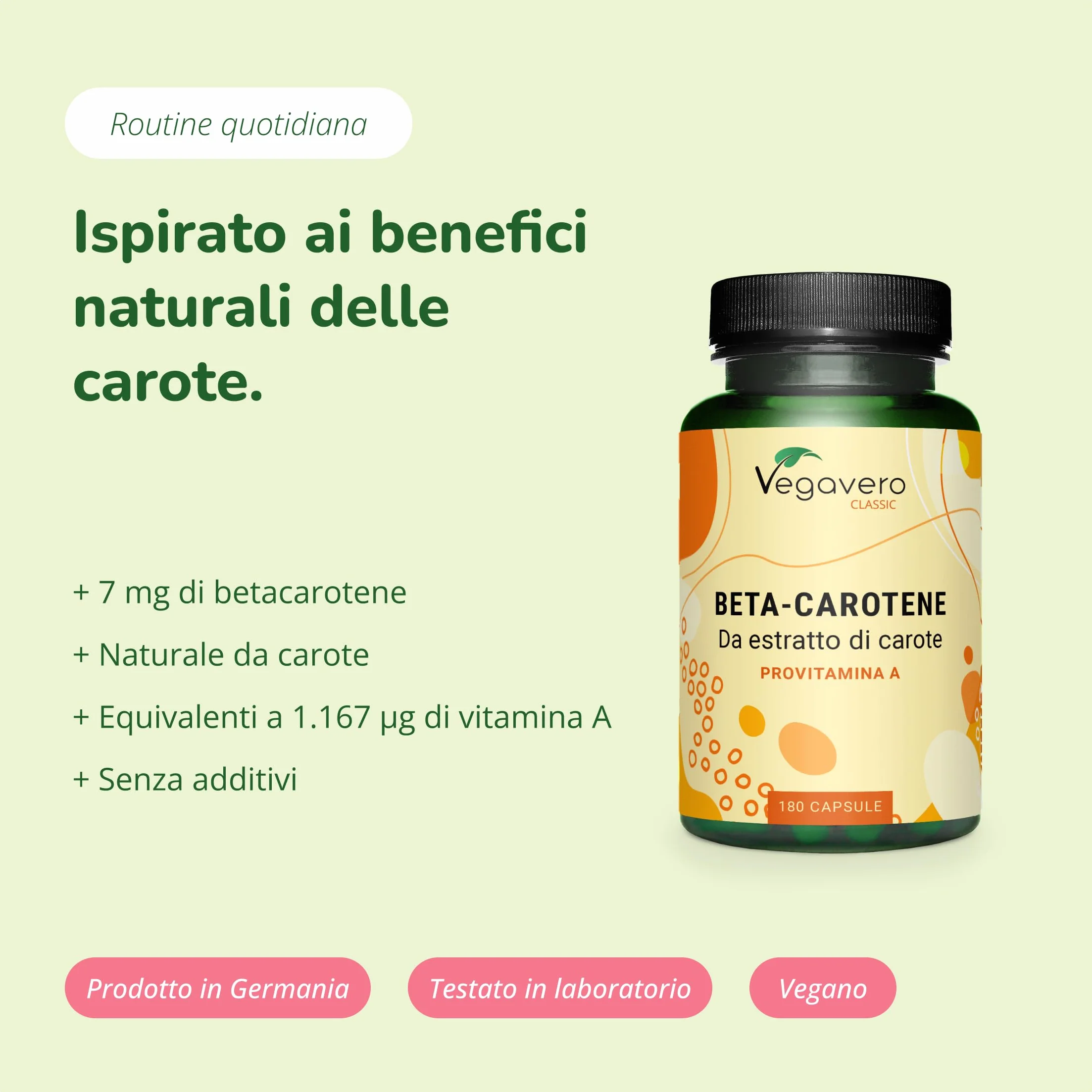 Vegavero® Betacarotene per Abbronzatura Forte Altamente Dosato con Vitamina A 1167 mcg