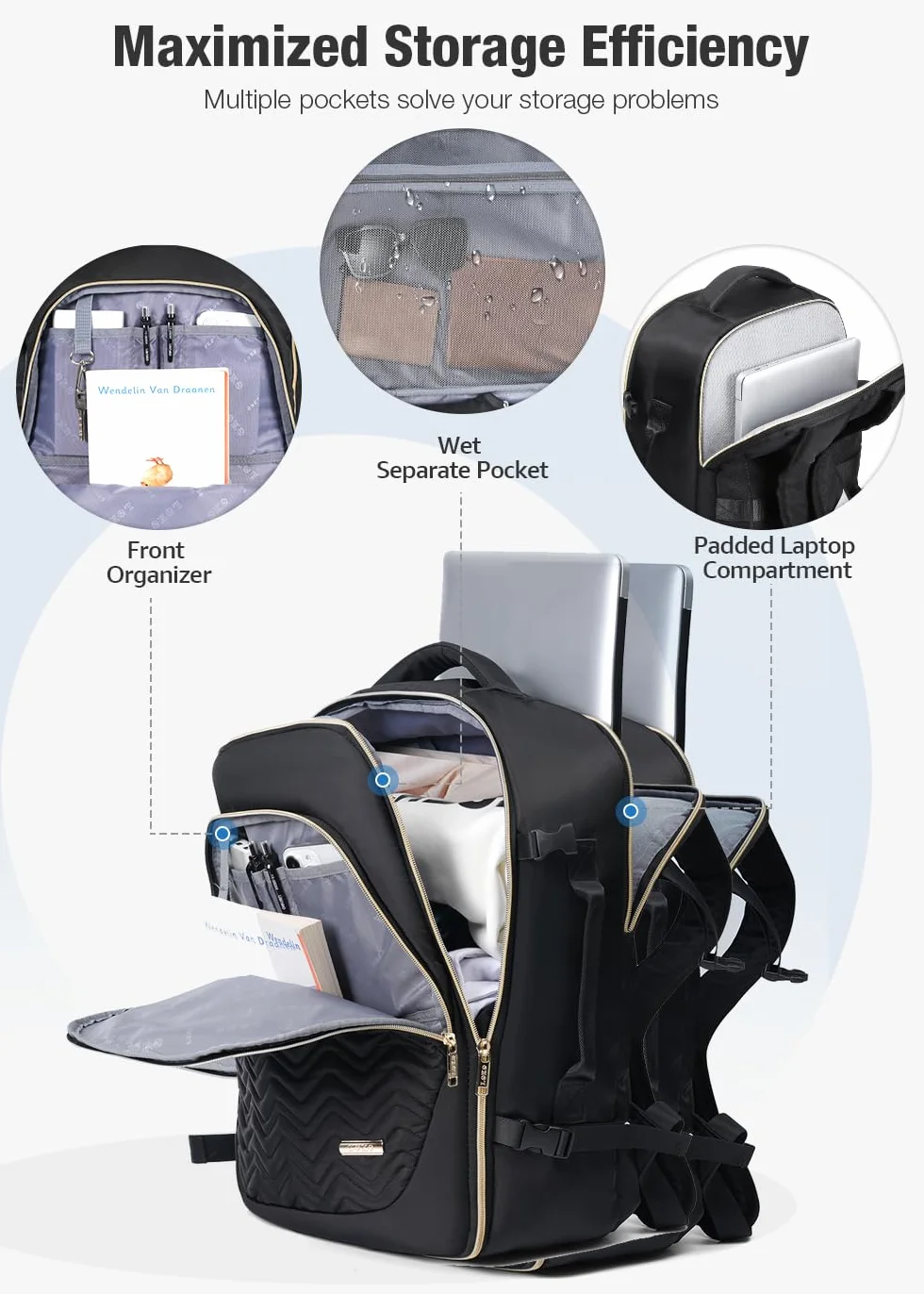 Zaino da Viaggio Grande Zaino Bagaglio a Mano, Zaino da Viaggio Aereo Bagaglio a Mano con Organizer Valigie 6 Pezzi Set, Borse da Cabina per Easyjet 45x36x20, Nero