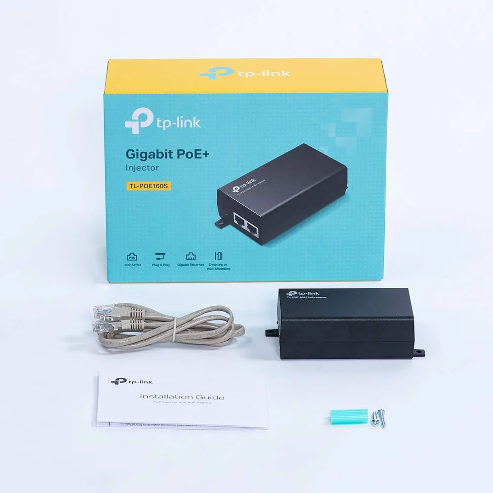 TP-Link TL-POE160S PoE+ Injector IEEE 802.3af/at, 30W Gigabit PoE Injector Adattatore, 2 Porta RJ45 10/100/1000Mbps, Ethernet Gigabit, Plug & Play, Custodia in Metallo Resistente