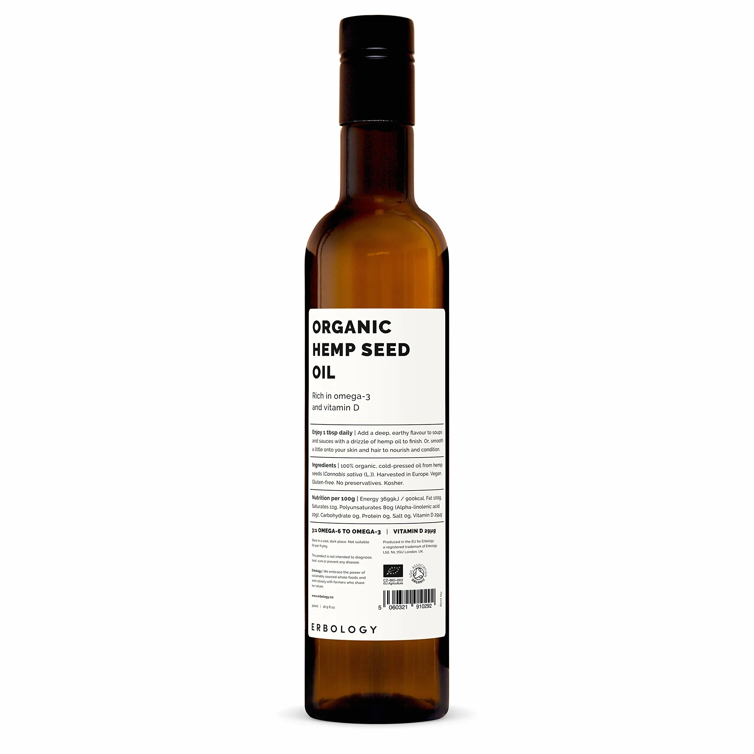 Erbology Olio di Semi di Canapa Bio 500ml - Spremuto a Freddo - Ricco di Omega-3 - Fonte di Vitamine D ed E
