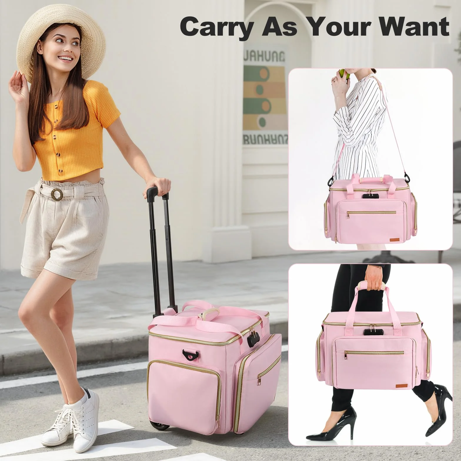 Housolution Borsa Insegnante con Ruotata, Borsa Tote con Trolley Staccabile, Valigetta Lavoro con Ruote per Laptop, Carrello Portadocument Organizer a Fisarmonica, Adatta per Laptop da con 15,6", Rosa