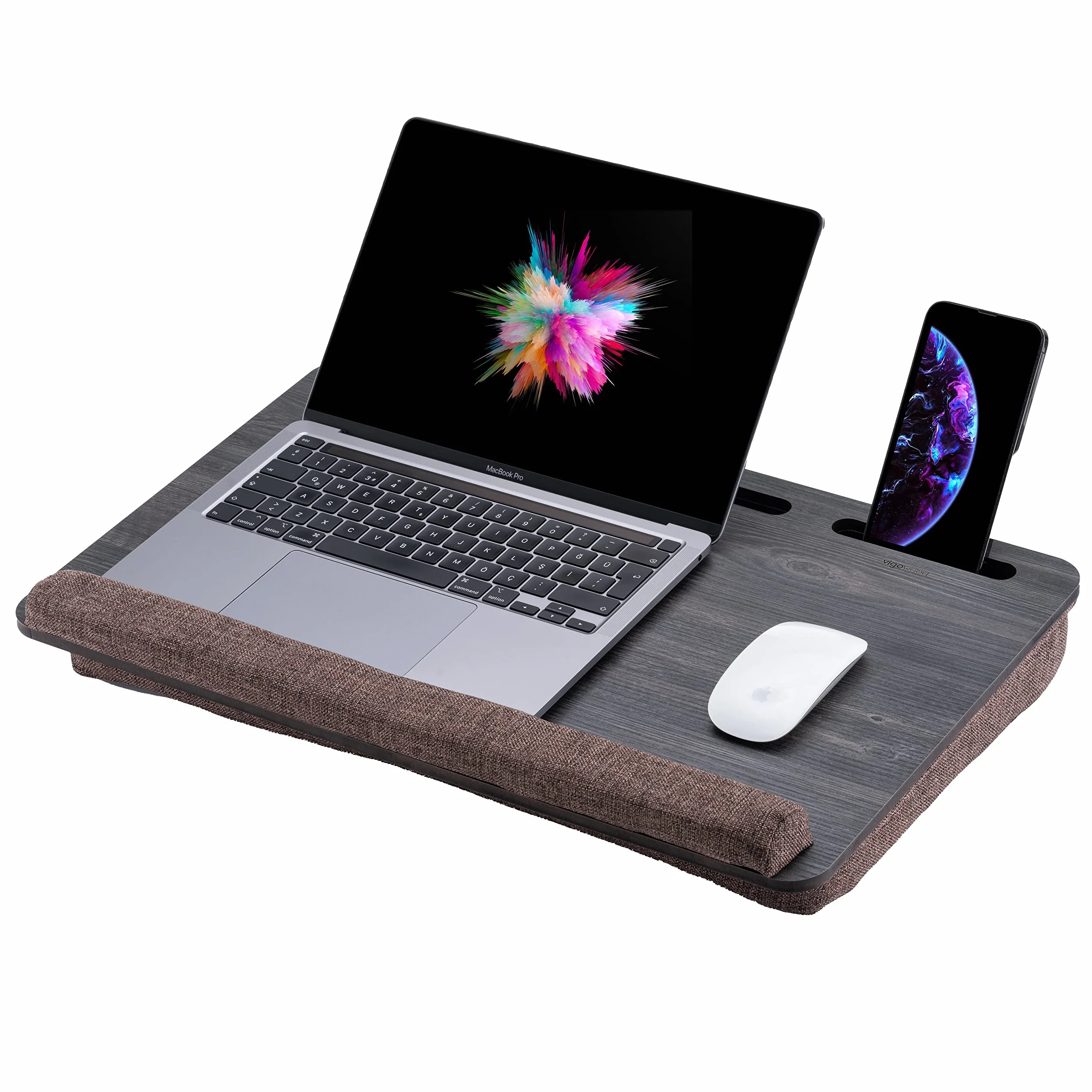 Vassoio in Legno per Laptop Vigo Wood, Scrivania per Laptop, Supporto per Laptop da Letto con Cuscino, Tavolino Portatile per Ufficio a Casa Adatto fino a 17.3'' Tablet con Supporto per Telefono