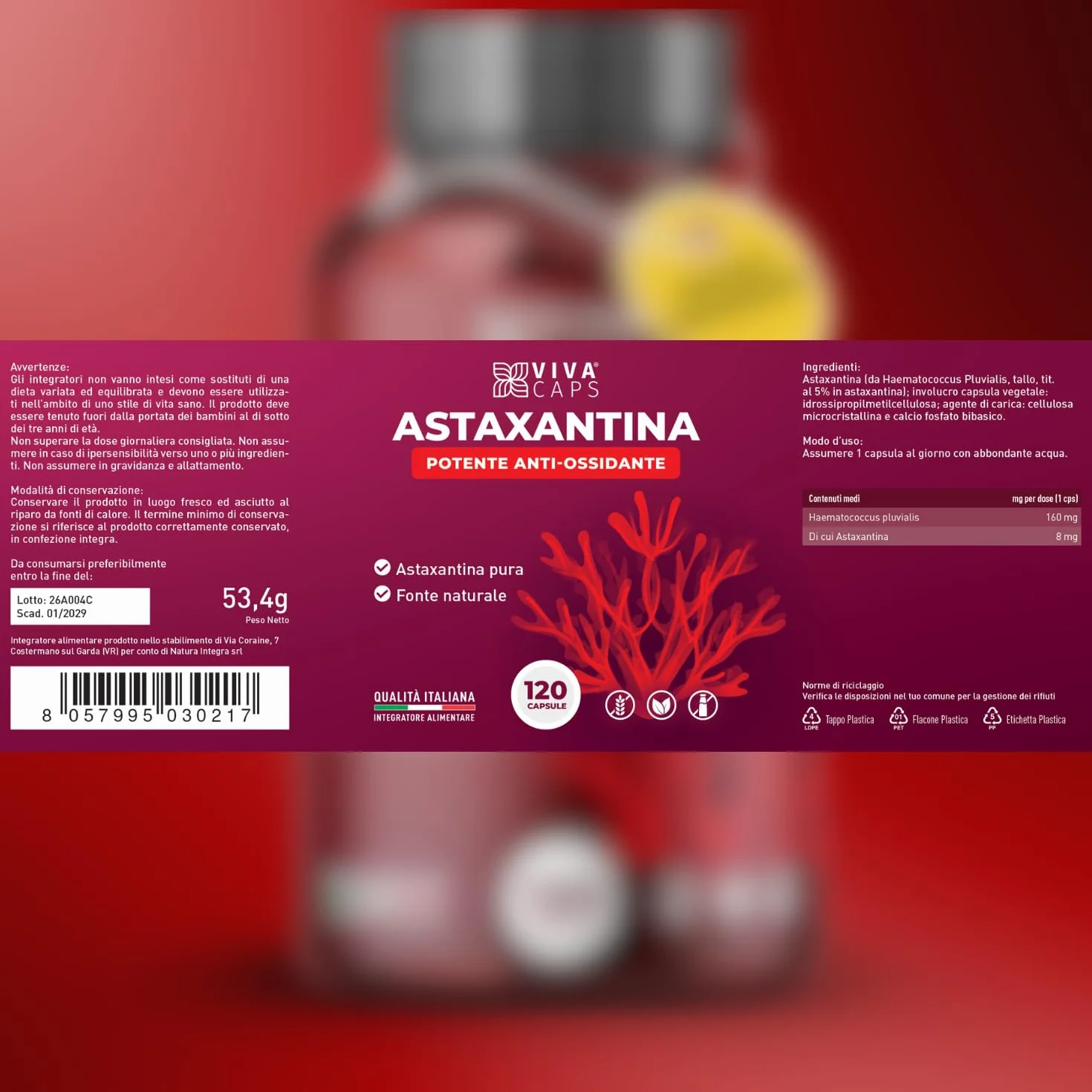 Astaxantina pura alto dosaggio 8mg 120cps supporto antiossidante Made in Italy