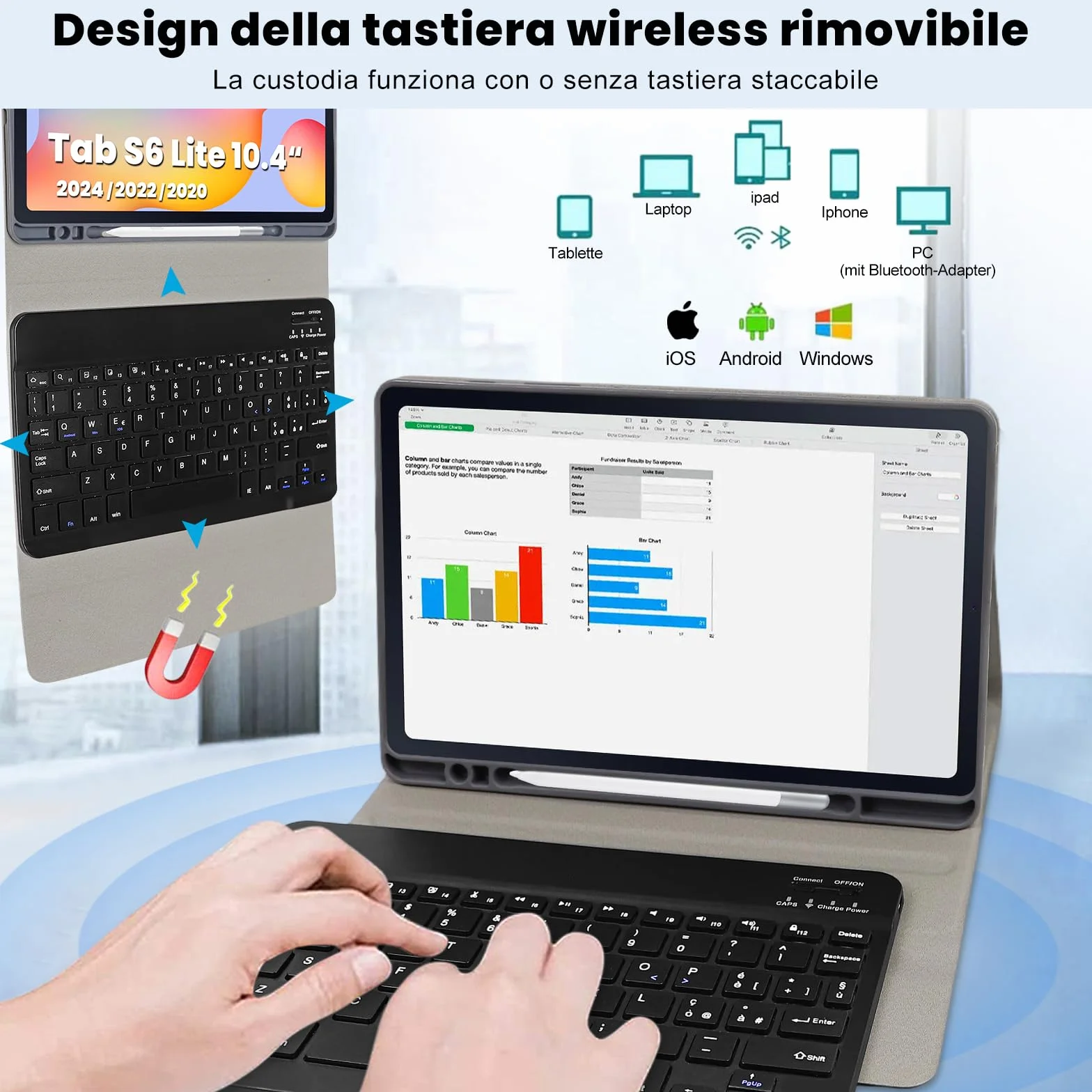 Custodia con Tastiera per Samsung Galaxy Tab S6 Lite 10.4" 2024/2022/2020,Slim Cover con Rimovibile Magnetica Bluetooth Tastiera [Layout Italiano] per Samsung S6 Lite SM-P613/P619/P620/P625