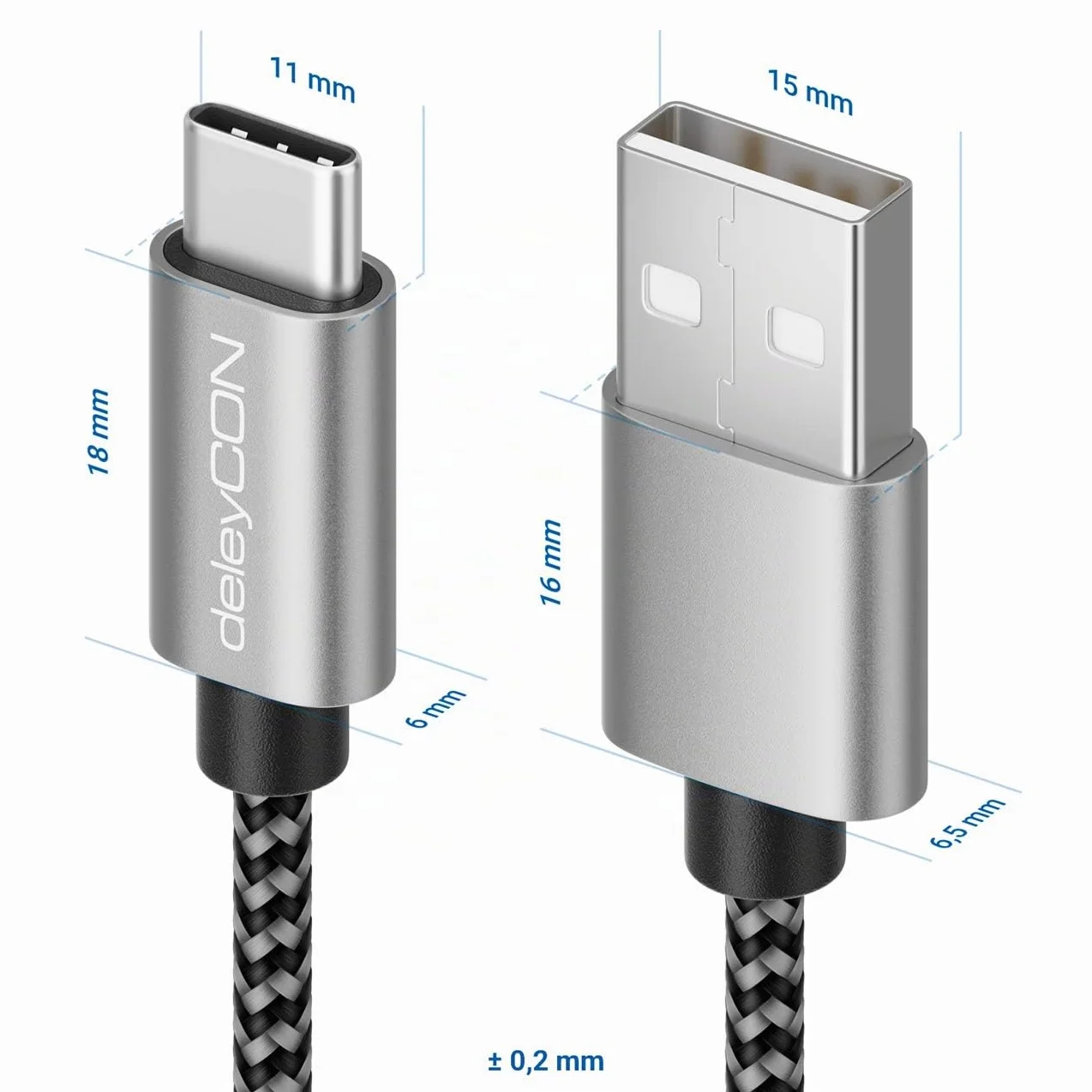 deleyCON 1,5m Nylon USB-C Ricarica Dati USB Tipo C Connettori Metallo Ricarica & Sincronizzazione Smartphone