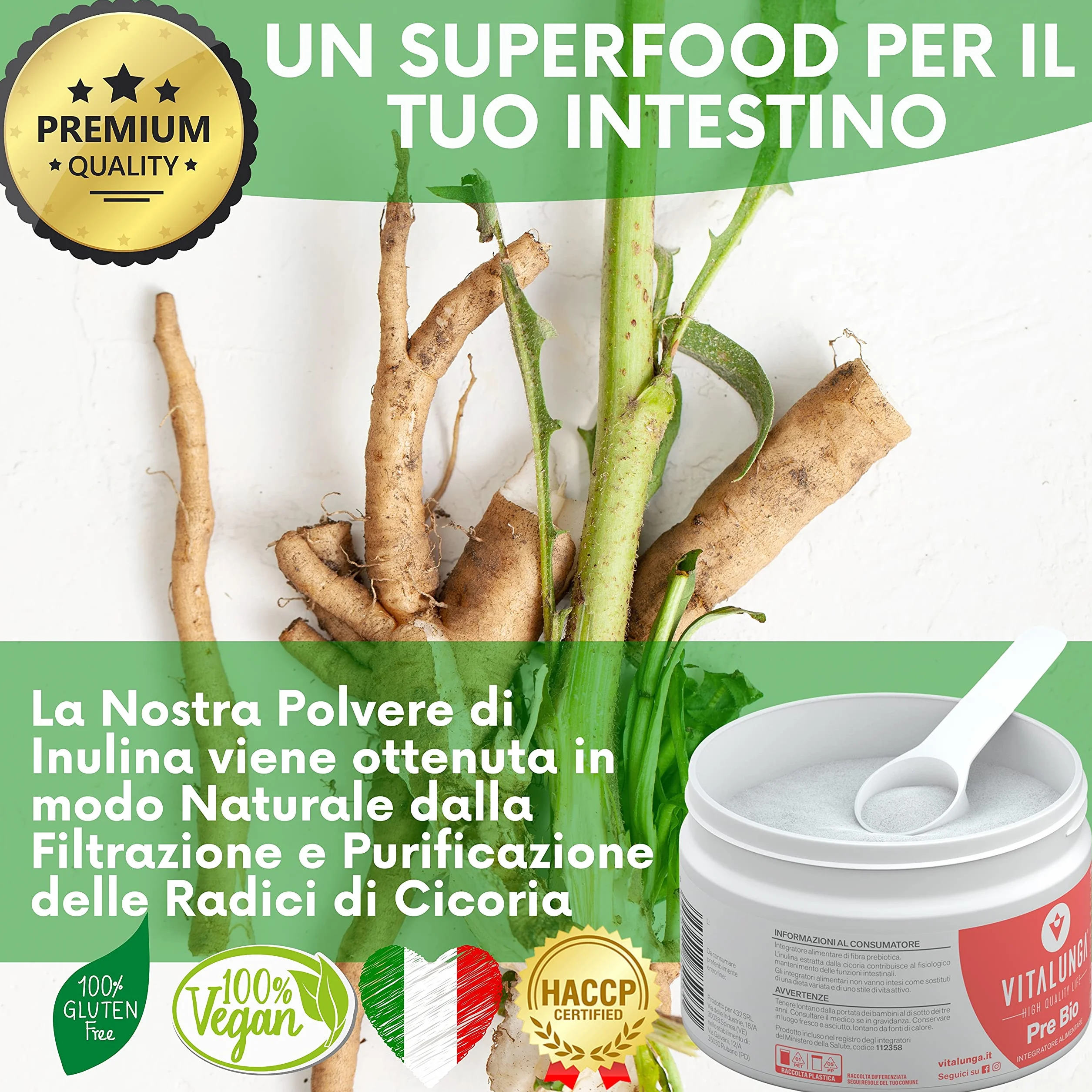 Inulina in Polvere 100% Fibra Prebiotica da Cicoria Vegan Senza Glutine 150g Vitalunga